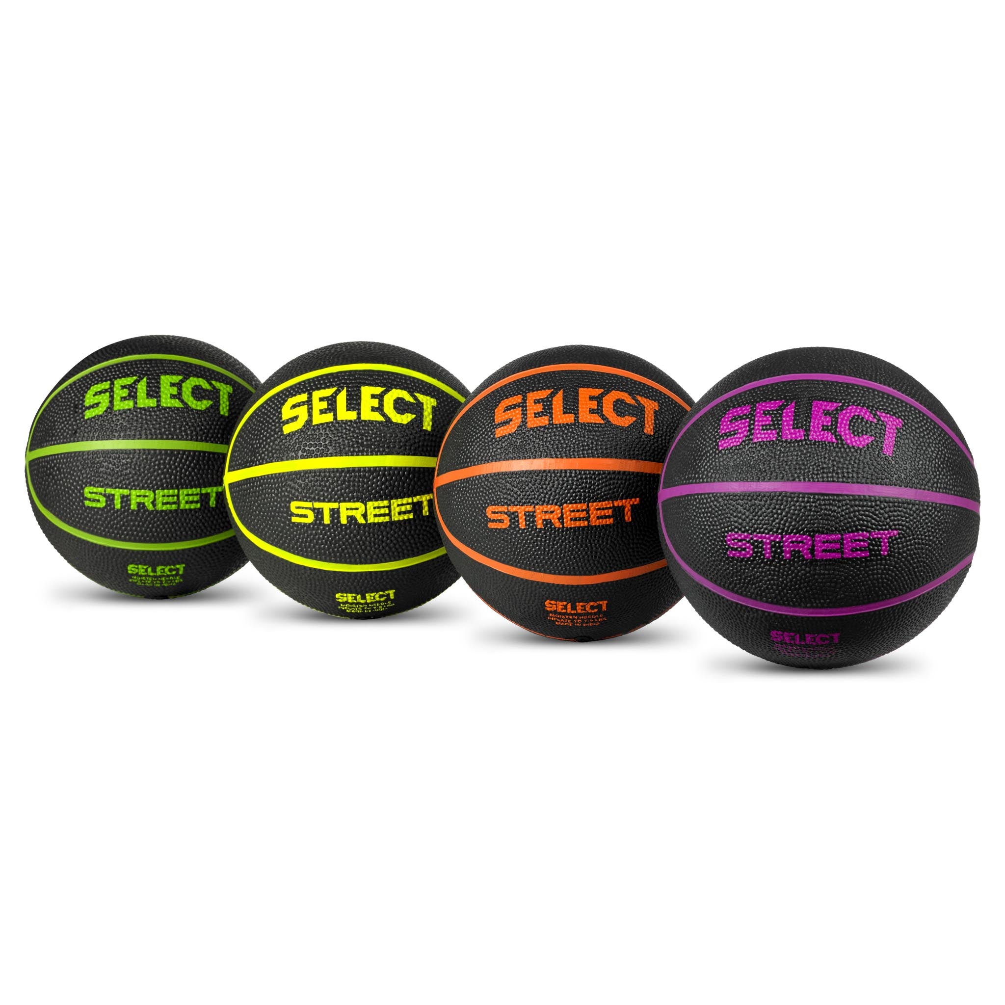 Basketball mini, Övriga bollar, framsida: fyra svarta bollar med gröna, gula, orange och lila detaljer.