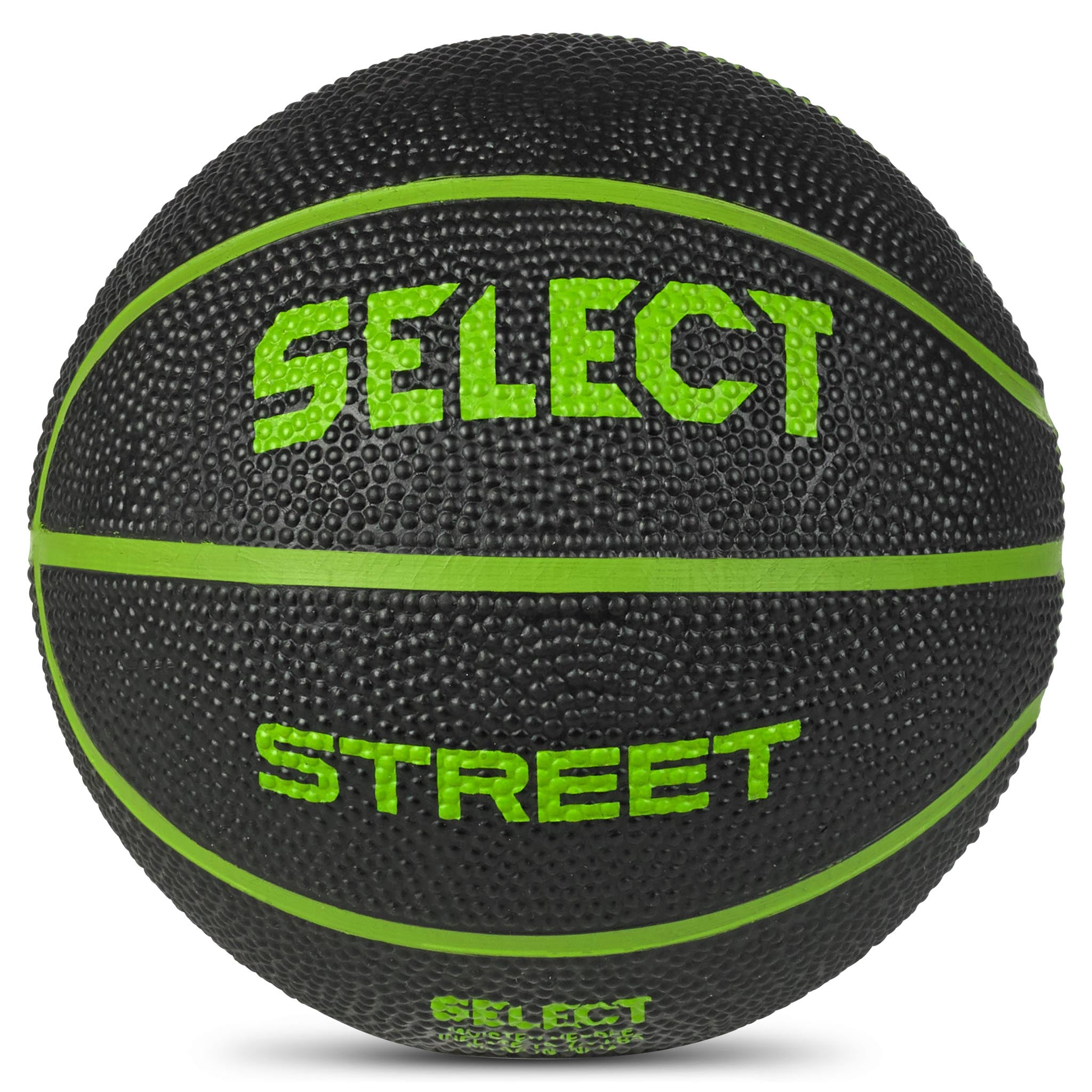 Svart och grön Basketball mini, Andra bollar, närbild på strukturerad yta med grön Select- och Street-text.