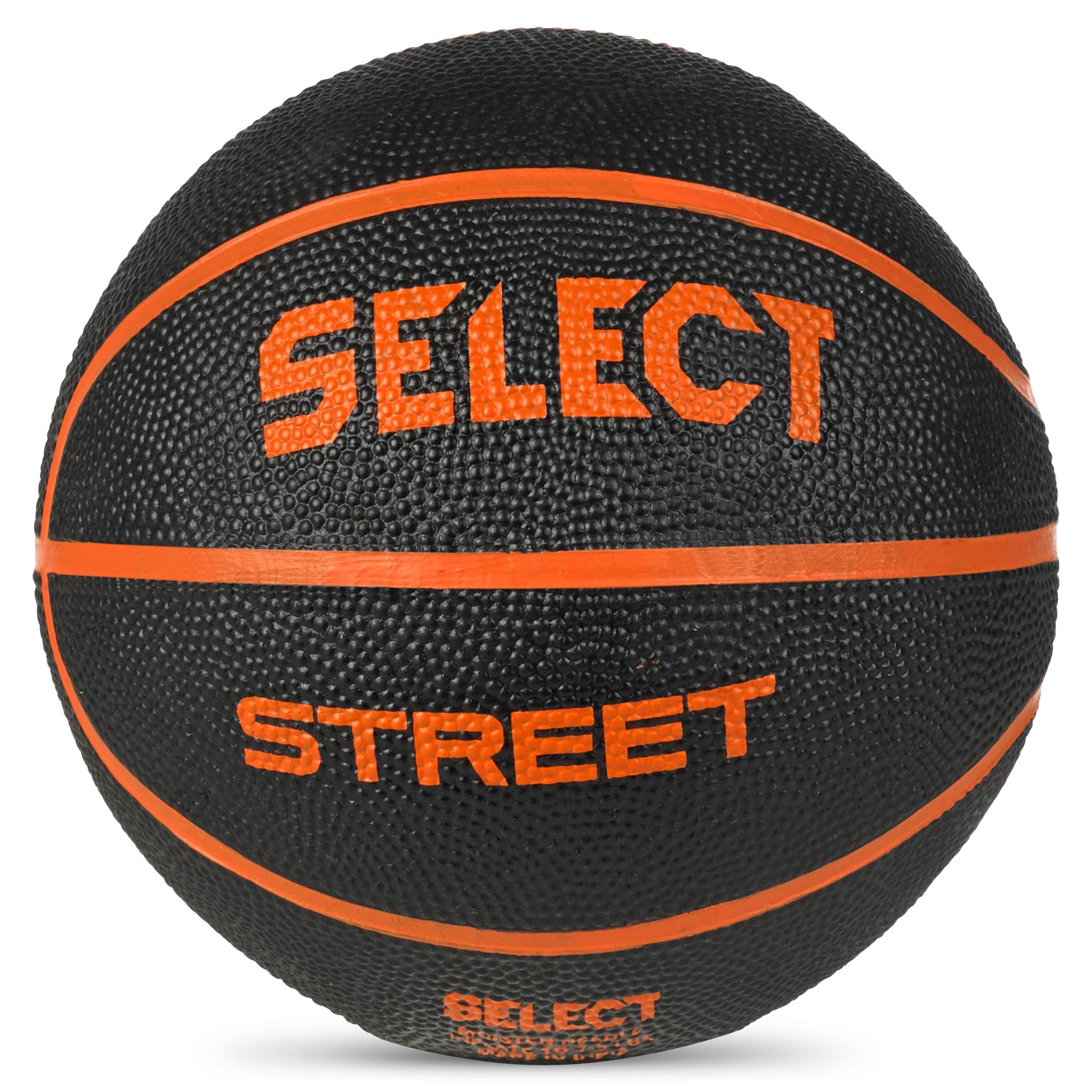 Basketball mini i svart med orange detaljer, extra vinkel. Kategorin andra bollar.