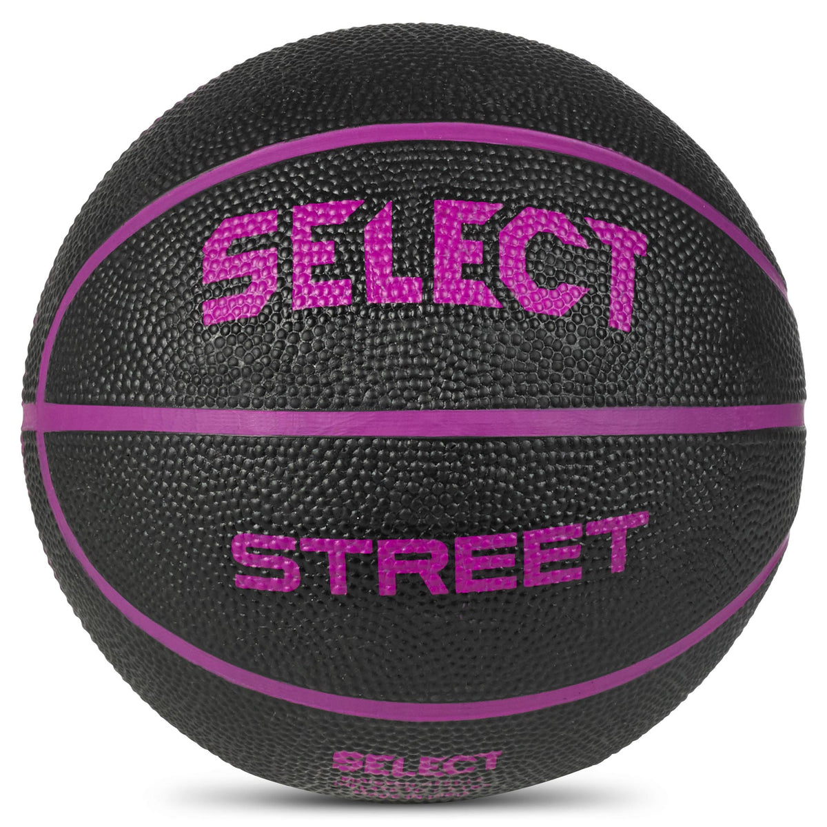 Basketball mini i svart med lila linjer och text, från Andra bollar. Närbild framifrån.