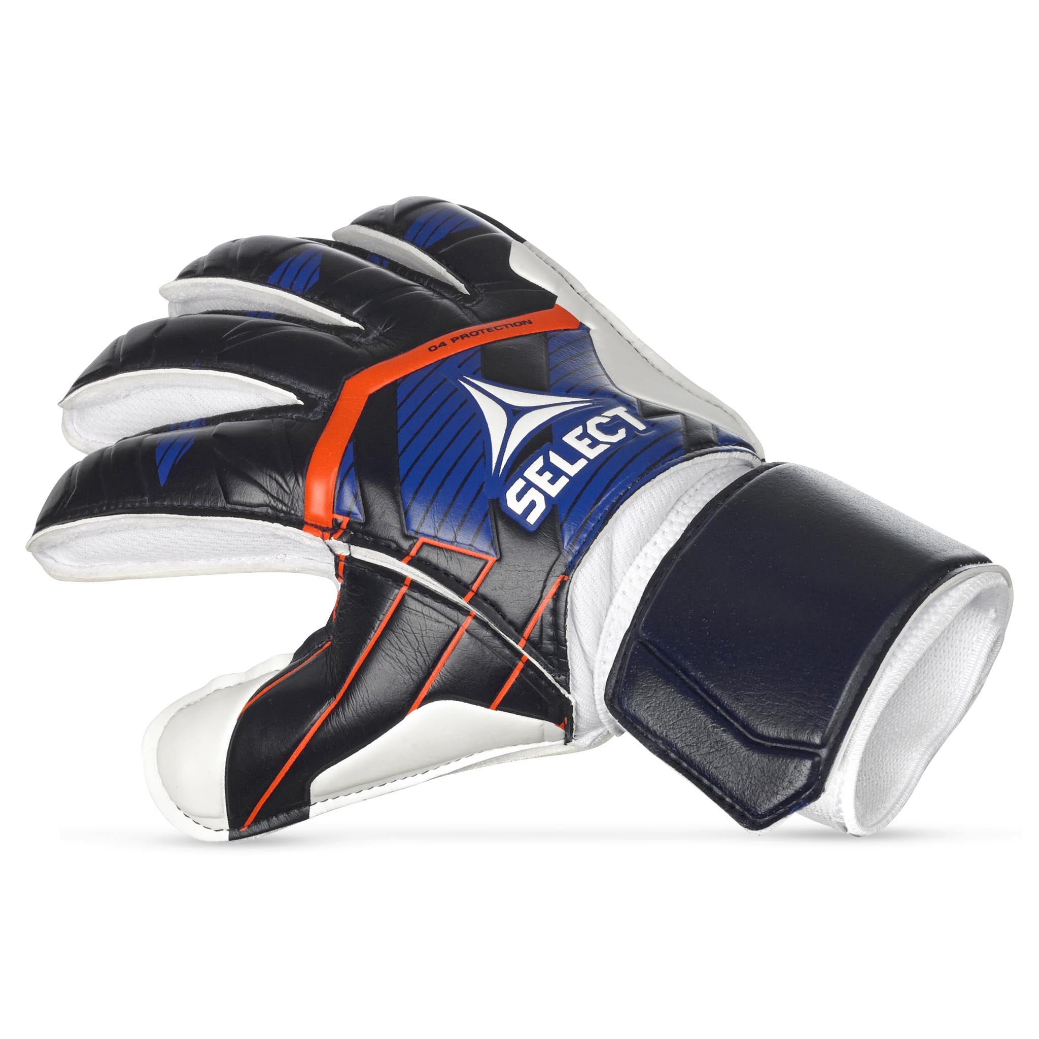 Gloves 04 Protection v24 målmandshandsker til fodbold, set forfra, i sort, blå, hvid og orange.