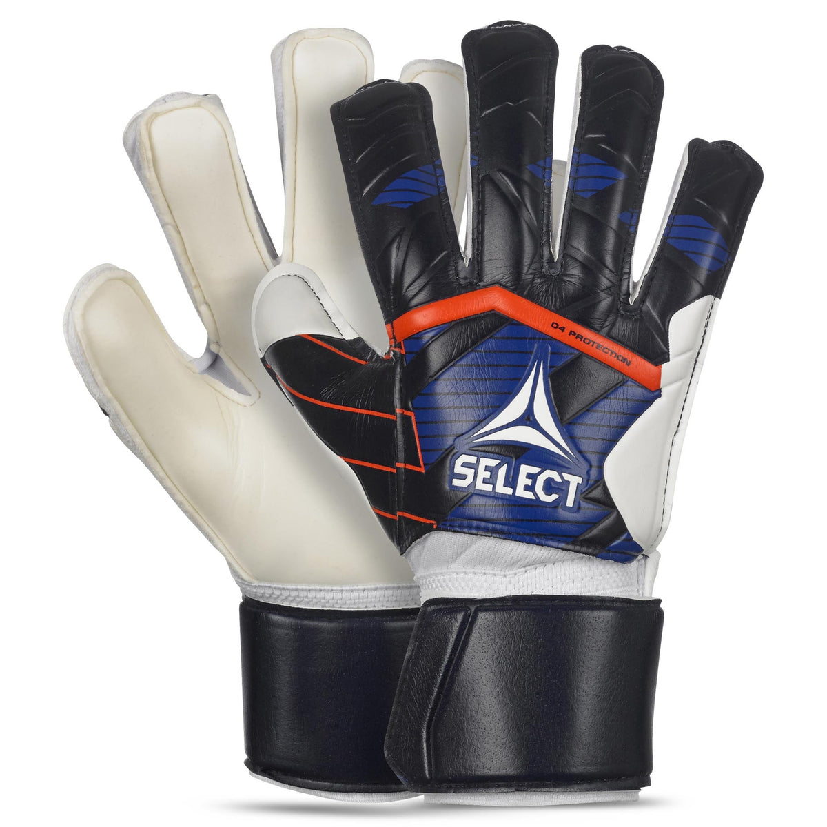 Framsida av Gloves 04 Protection v24 målvaktshandskar för fotboll i blått, vitt, svart och orange.