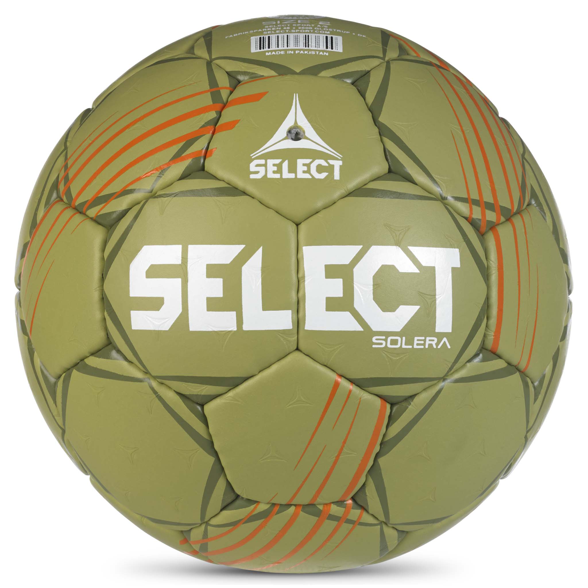 Baksida av grön Solera v24 handboll med orange detaljer och vit Select-logga.
