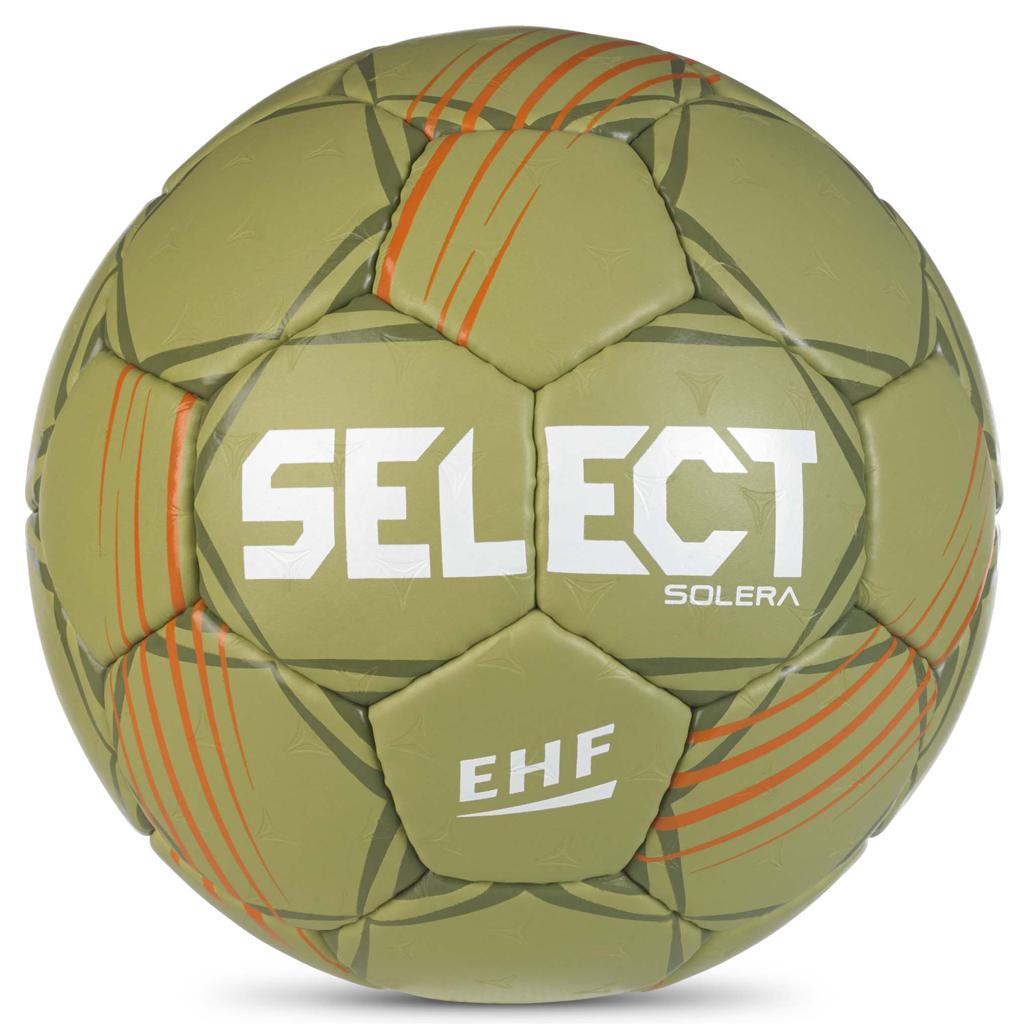 Framsida av grön Solera v24 handboll med orange accenter och vit Select-logga.
