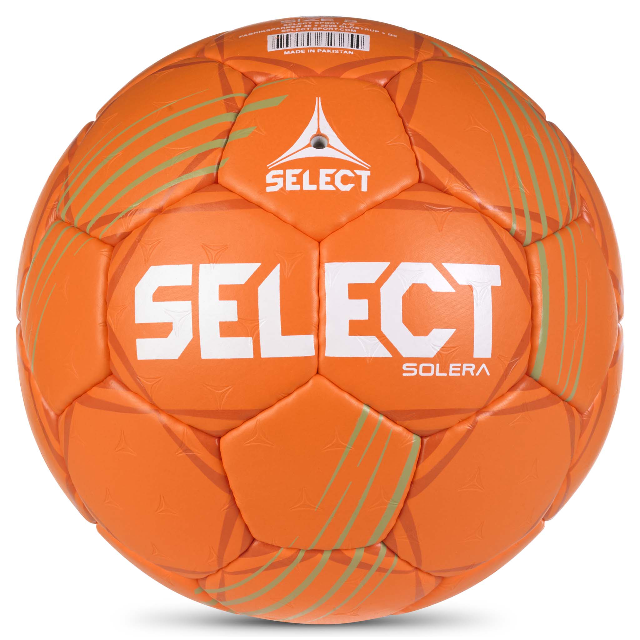 Orange Solera v24 handboll, baksida, med vit Select-logga och grå detaljer.