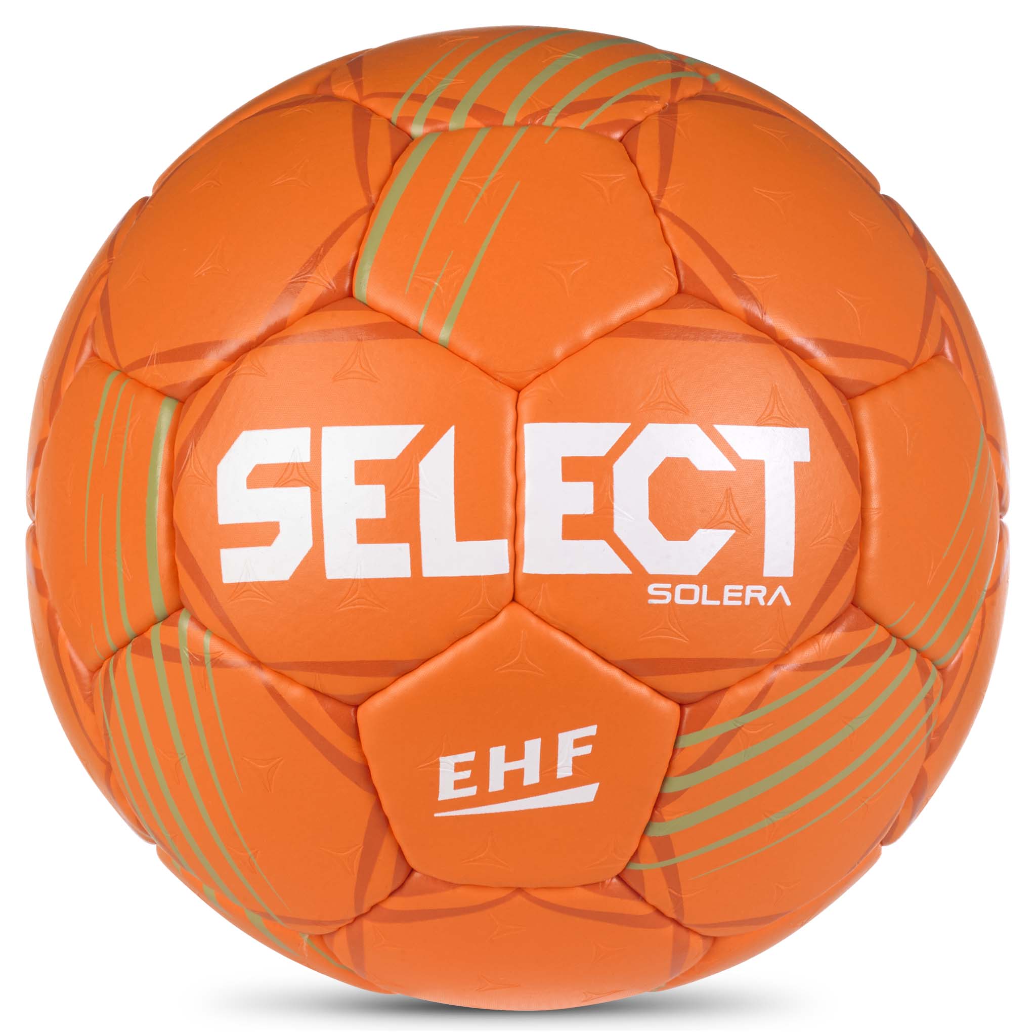 Framsida av orange Solera v24 handboll med vit logga och grå detaljer.