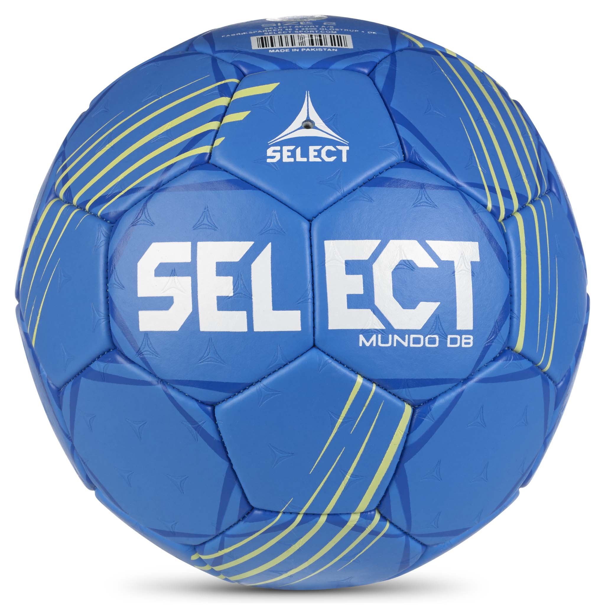 Blå Mundo DB v24 handboll med vit och gul Select-logga, baksida.
