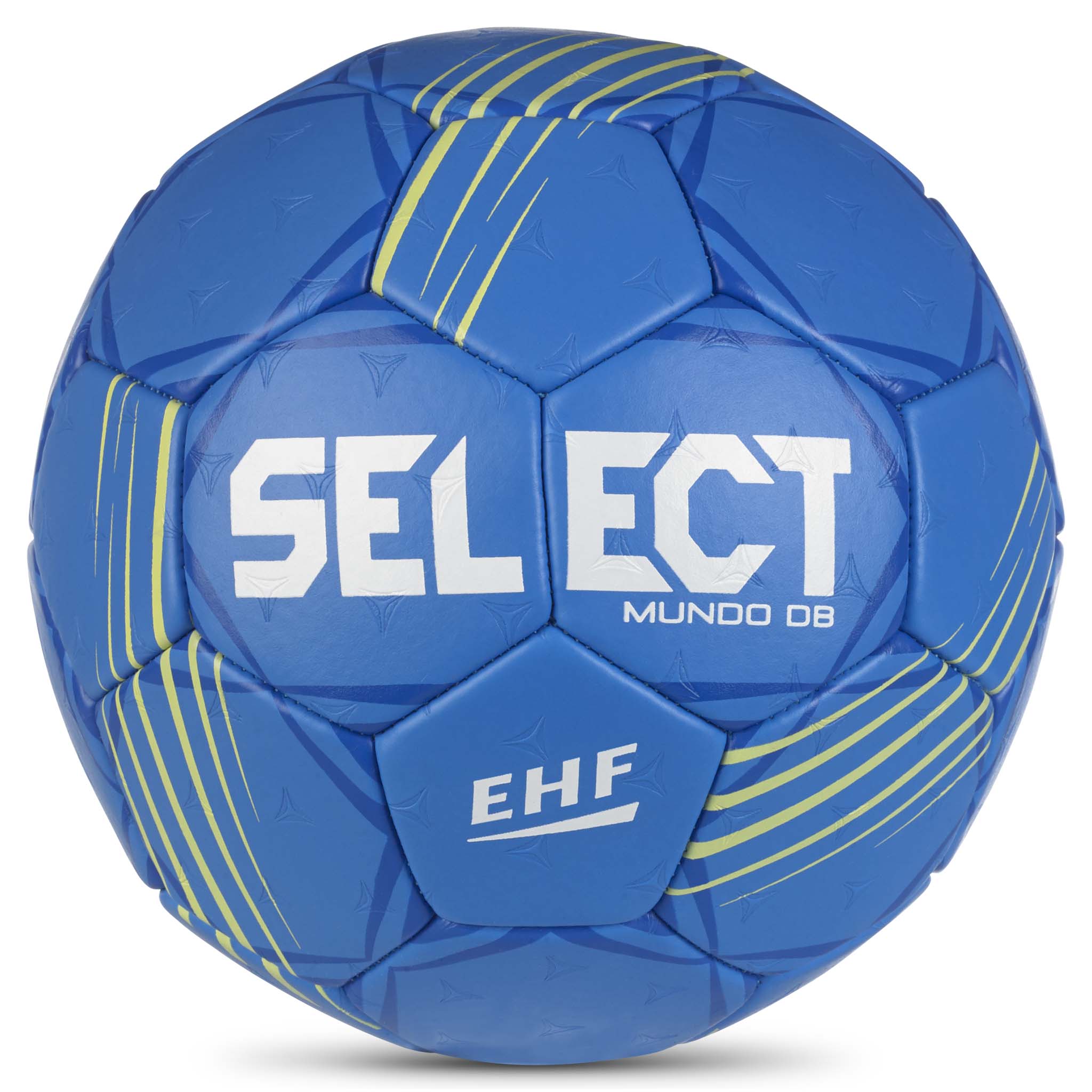 Framsida av blå Mundo DB v24 handboll med gula detaljer och vit logotyp.