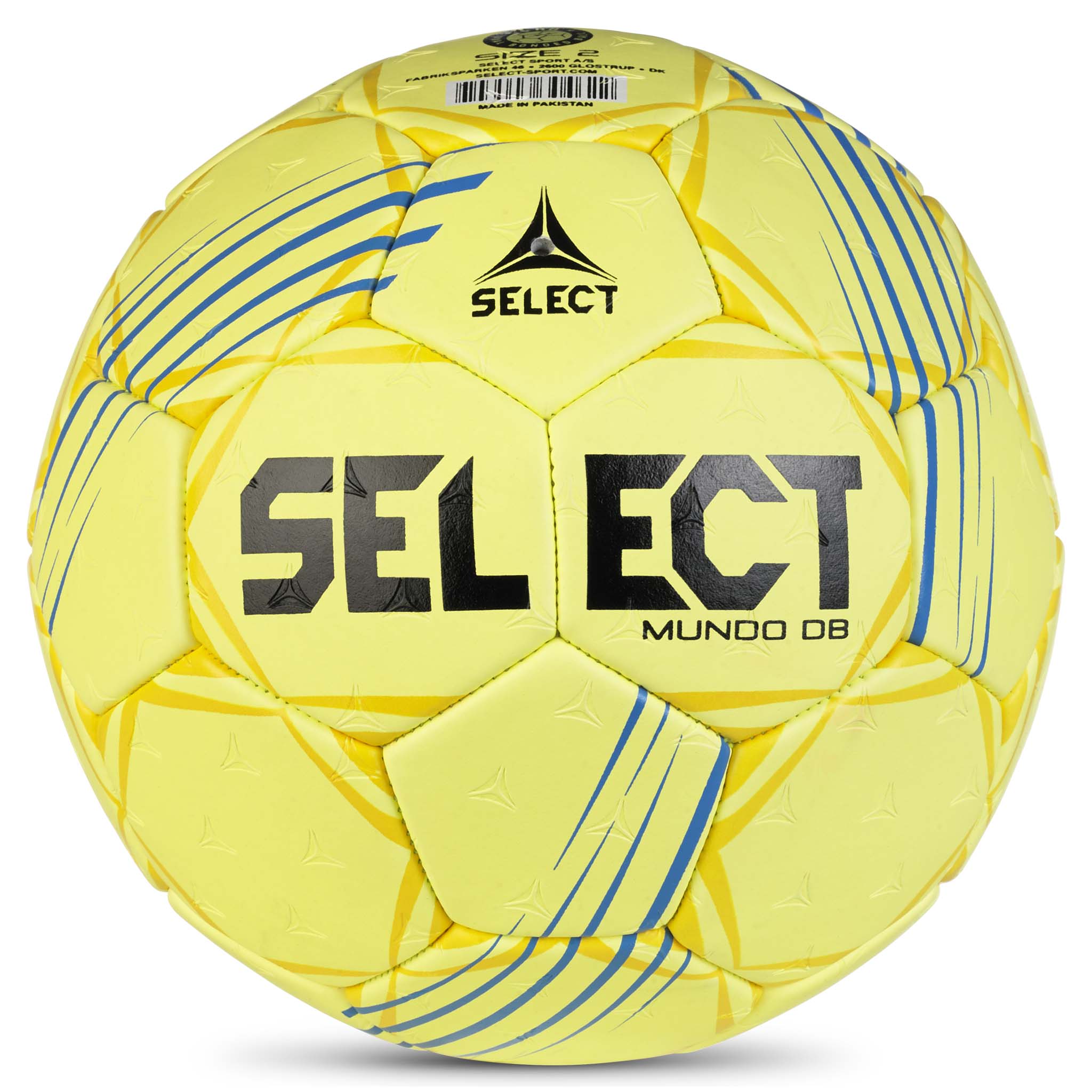 Gul Mundo DB v24 handboll med blå detaljer och svart Select-logga, baksidesvy.