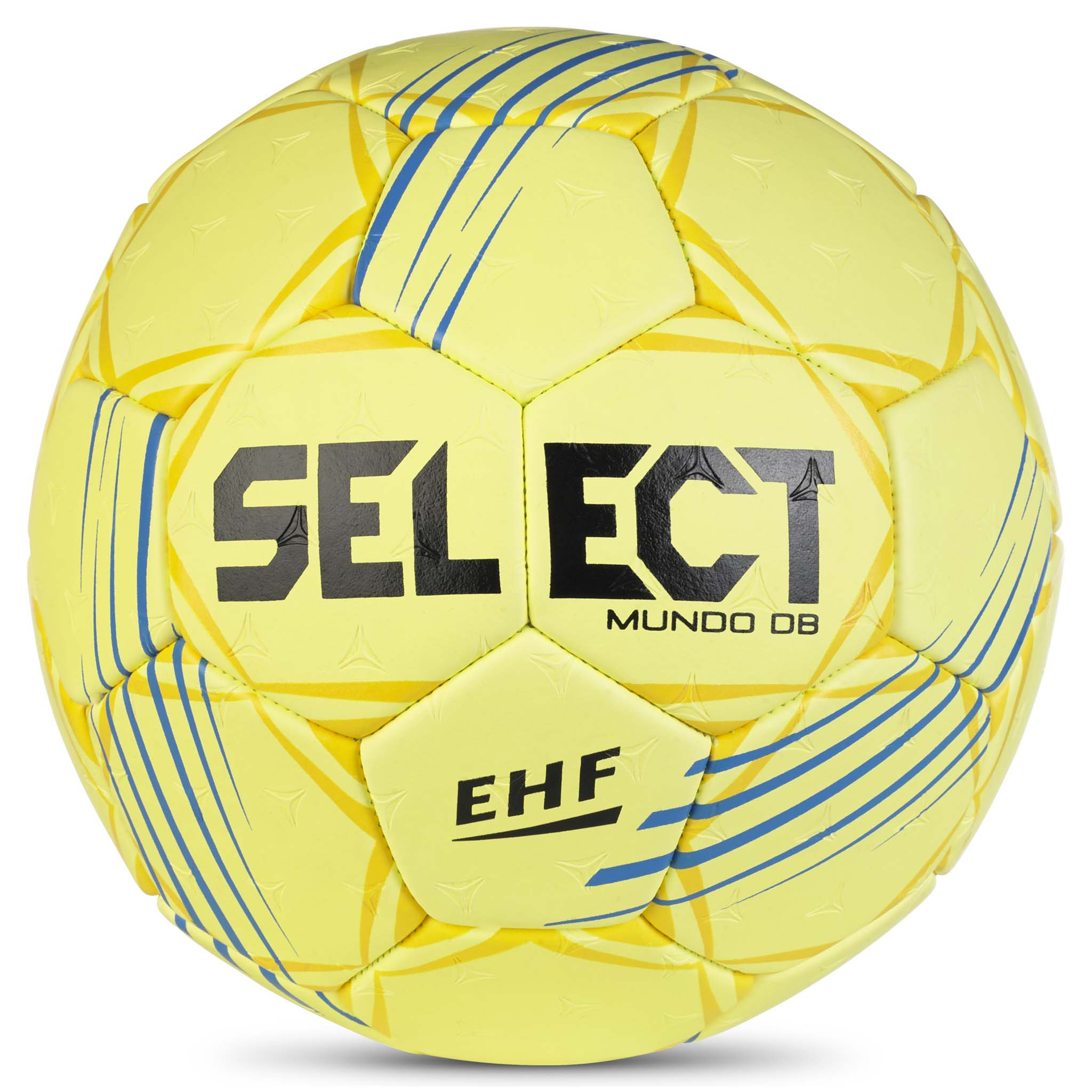 Framsida av gul Mundo DB v24 handboll med blå och grå detaljer