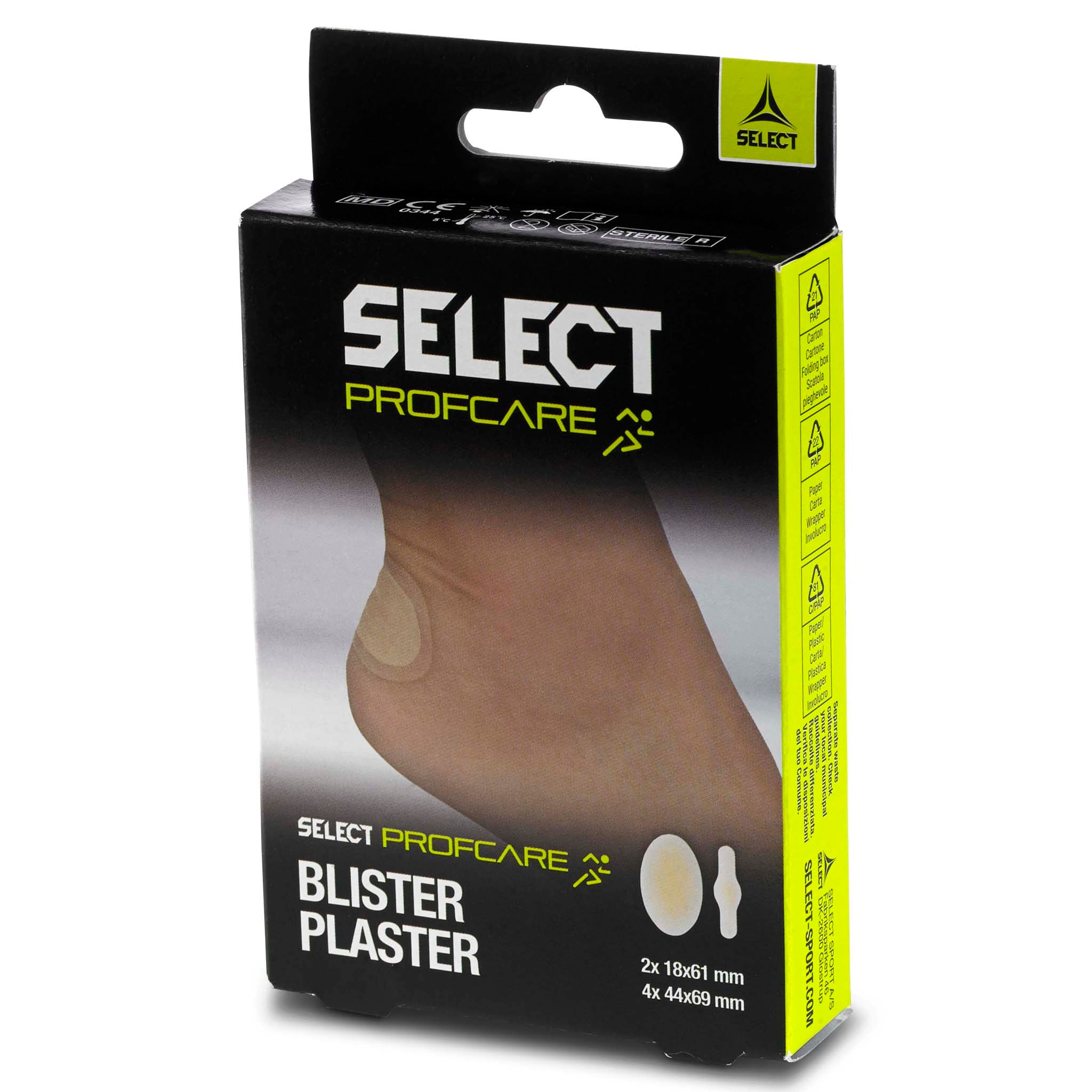 Framsida av Select Profcare Blister Plaster, sports care, i svart och gul förpackning med vit text och en fotillustration.