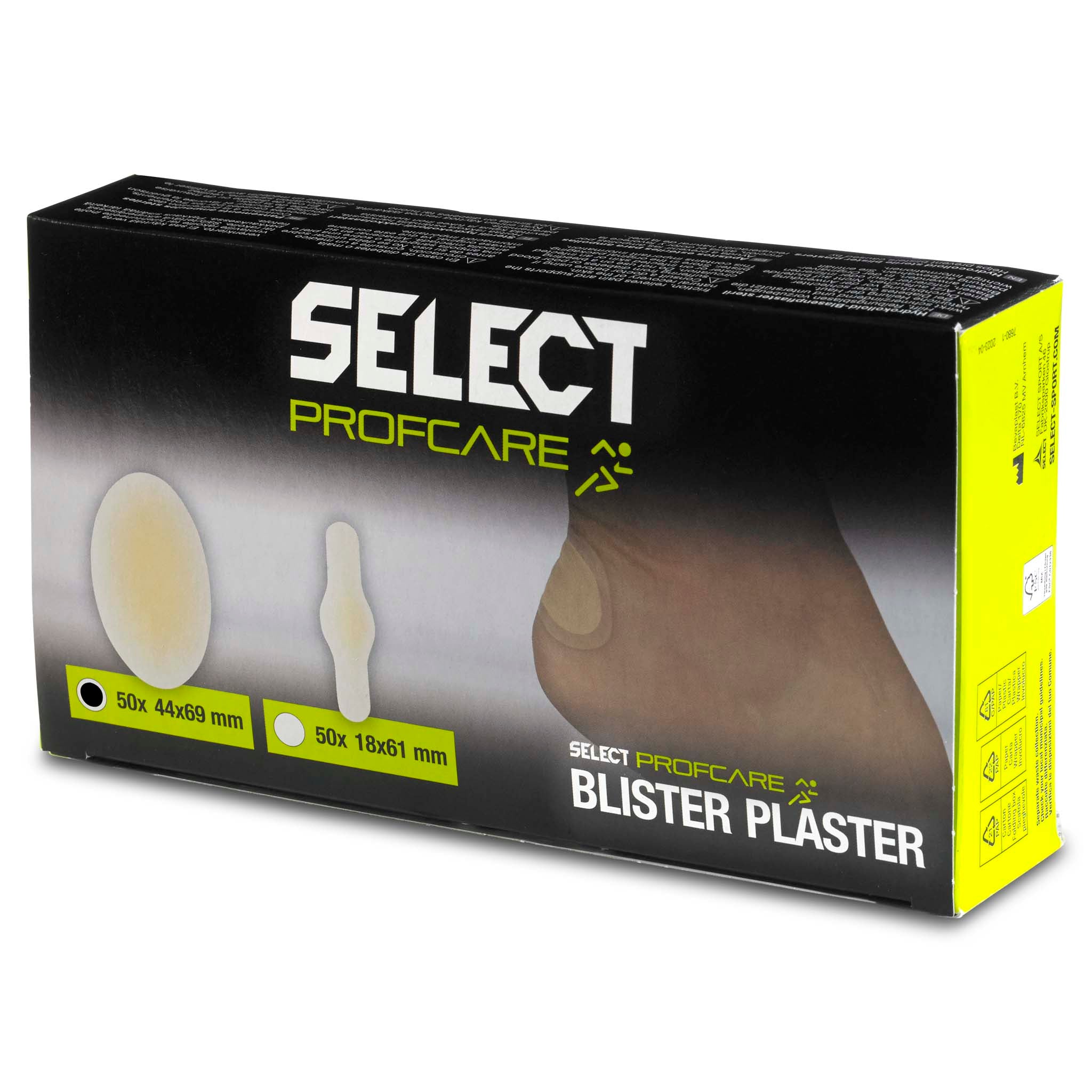 Skavsårsplåster medium 50/pack, Sports care. Framsida av svart Select Profcare-låda med fotbollsspelare.