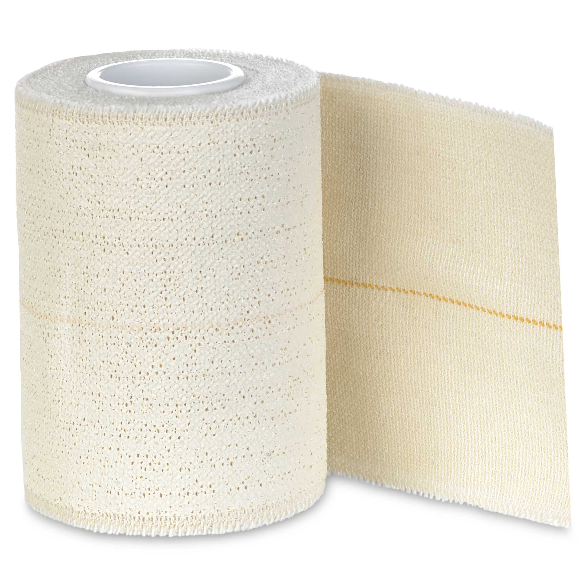 Framsida av gräddvit Tensoplast elastisk självhäftande bandage på rulle med orange rand, Sportvård.