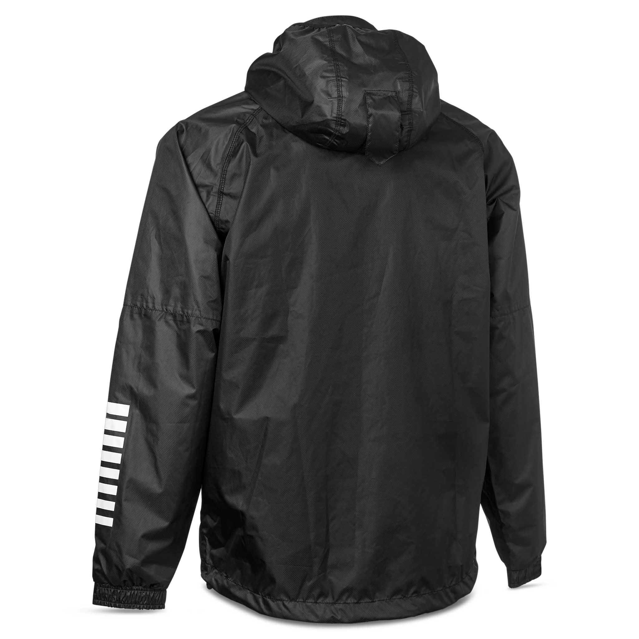 Baksida av svart All-weather jacket Monaco v24 med vita ränder på ärmen, huva, Match & Training fotbollskläder