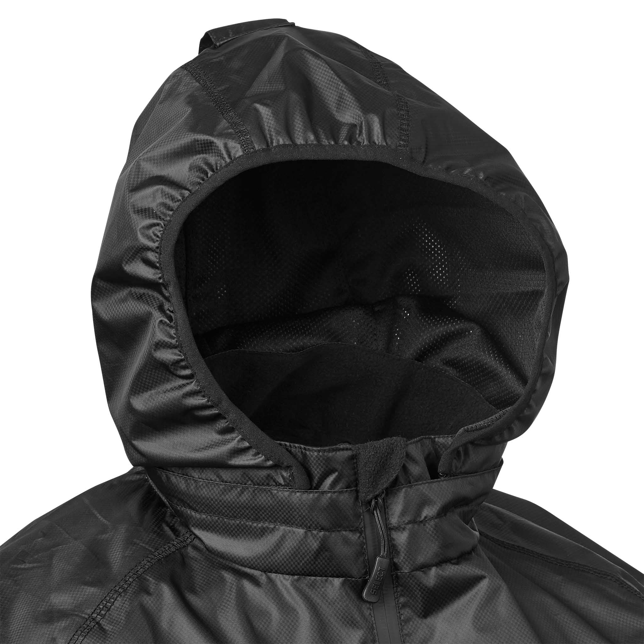 Närbild av svart All-weather jacket Monaco v24 huva med meshfoder, Match & Training-kläder