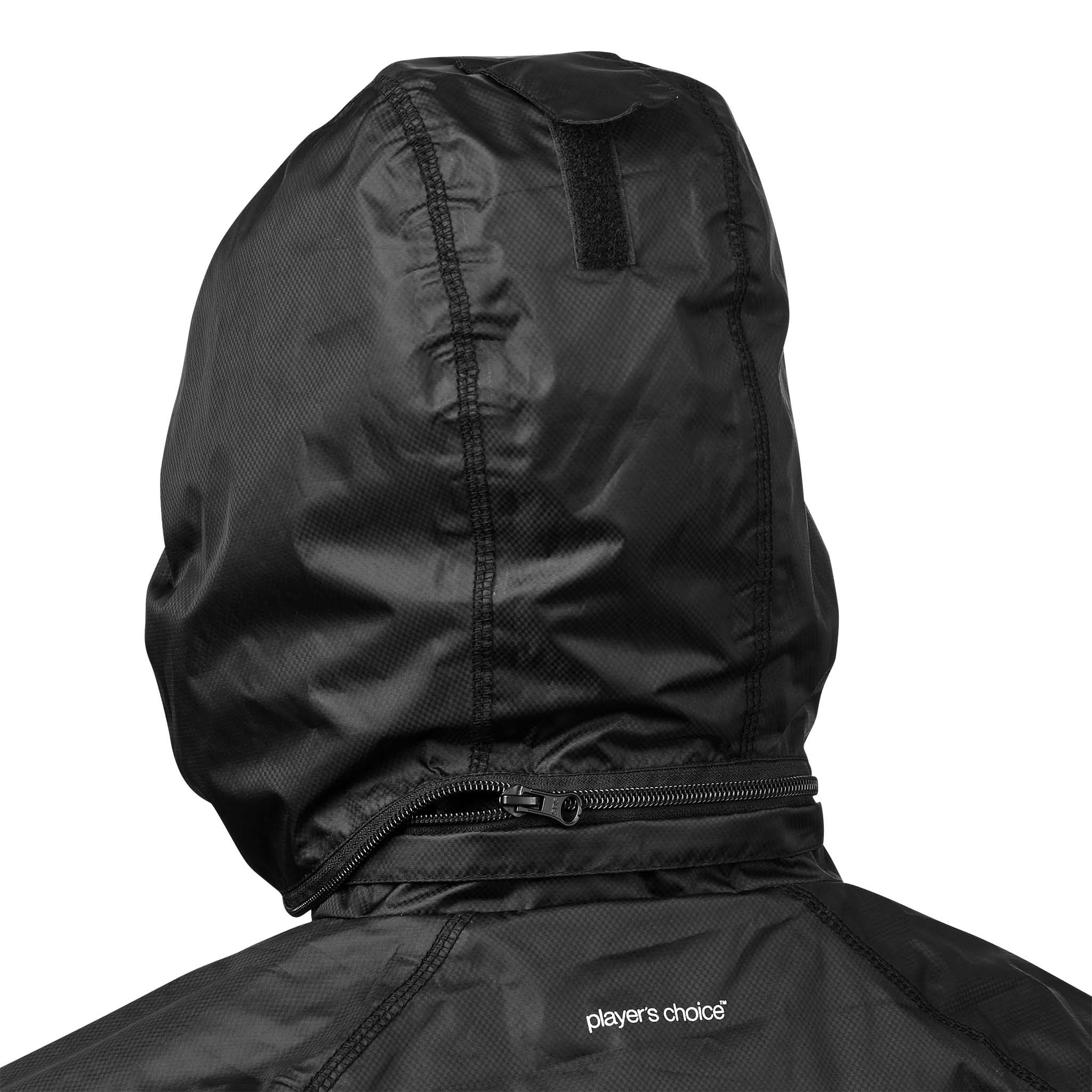 Närbild av svart All-weather jacket Monaco v24 huva och dragkedja, Match & Training kläder