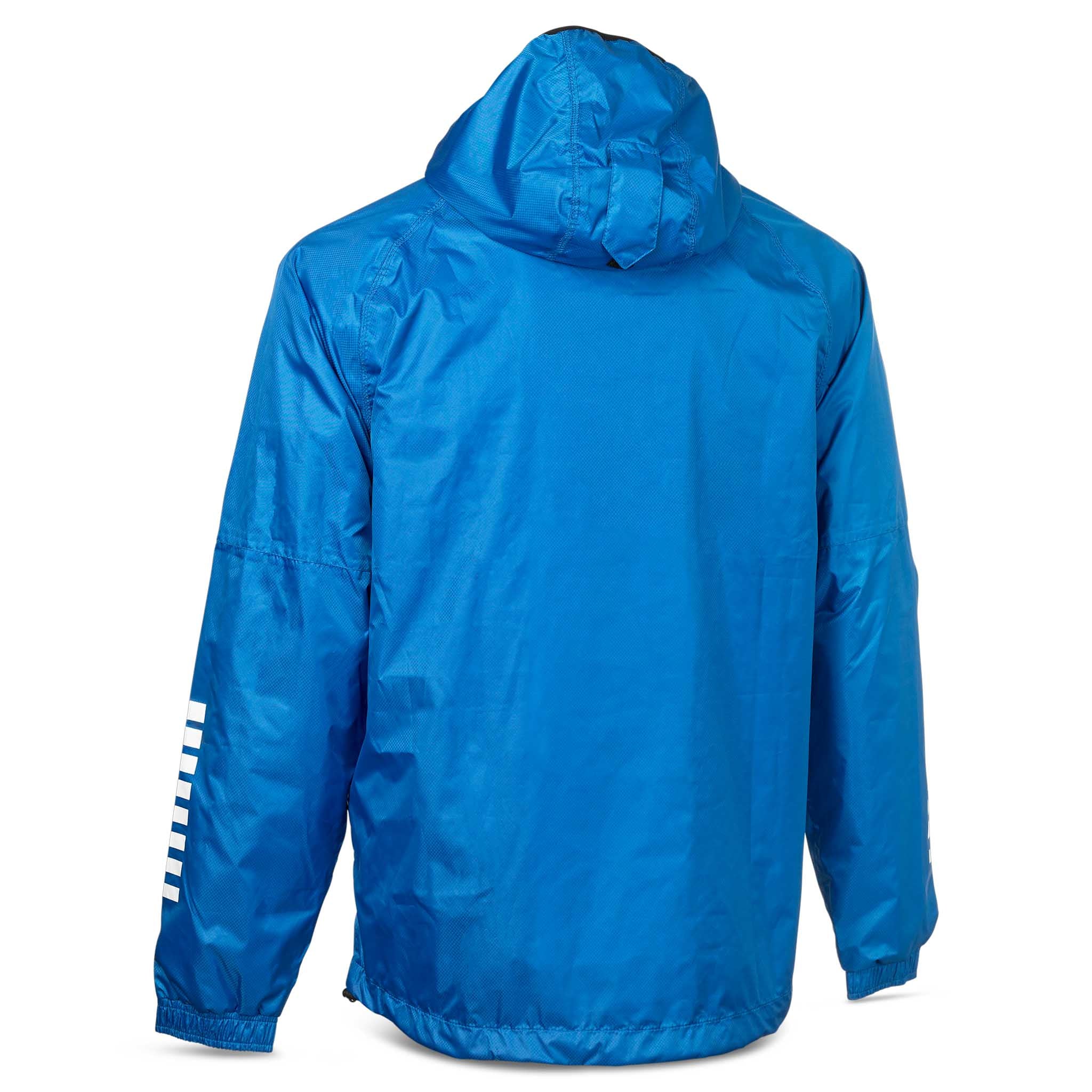 Baksida av blå All-weather jacket Monaco v24, Match & Training wear, med huva och vit ärmdetalj för fotboll.