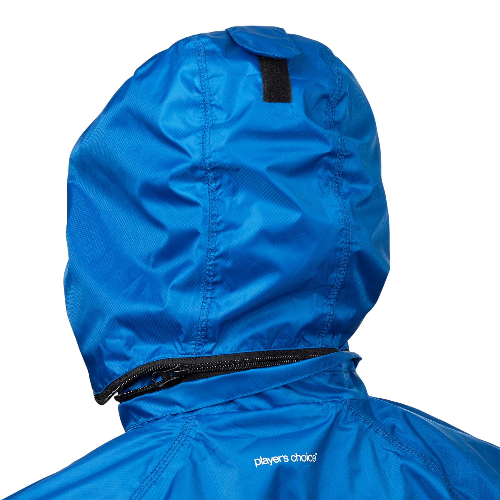 Närbild av blå All-weather jacket Monaco v24 huva med dragkedja, fotboll Match & Training wear