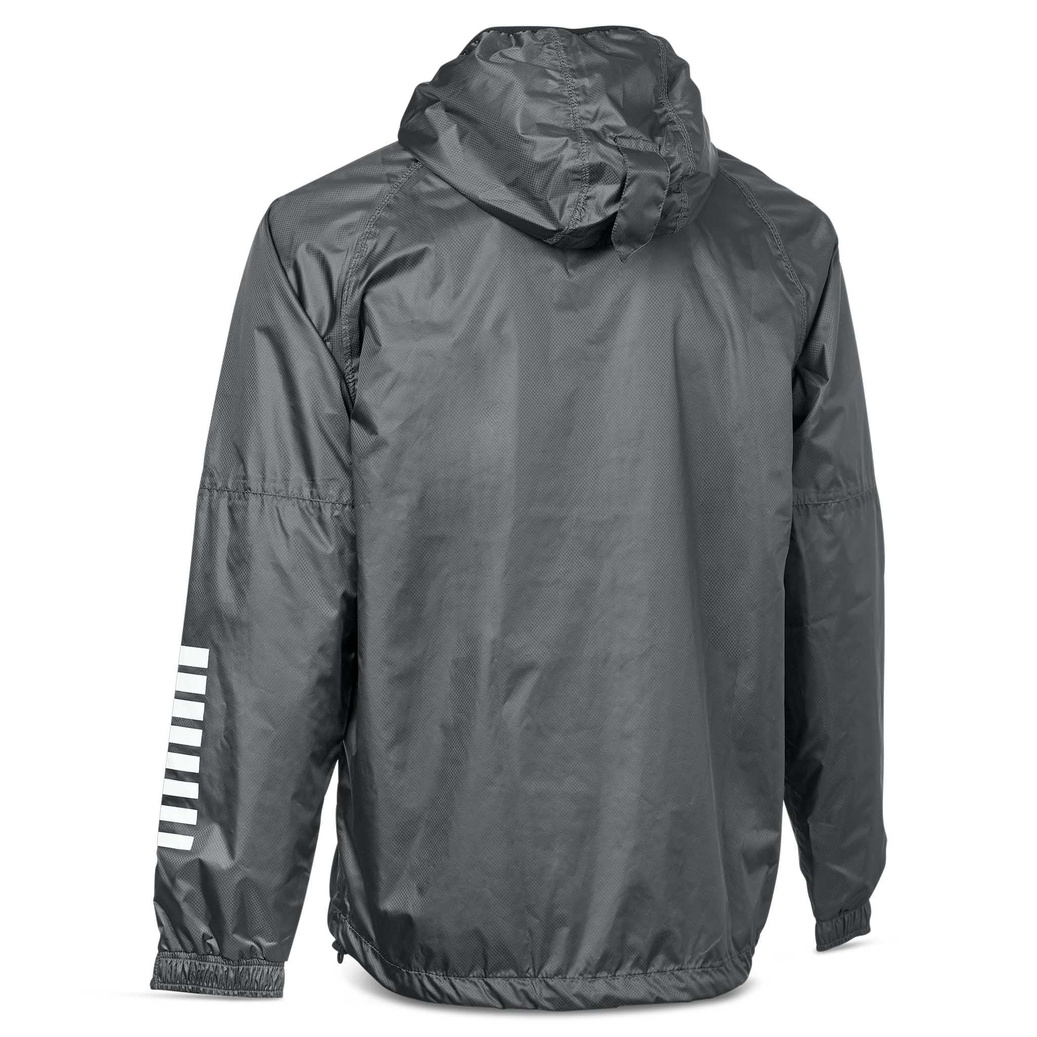 Baksida av grå All-weather jacket Monaco v24 med huva och vita ränder på ärmen, fotboll Match & Training wear