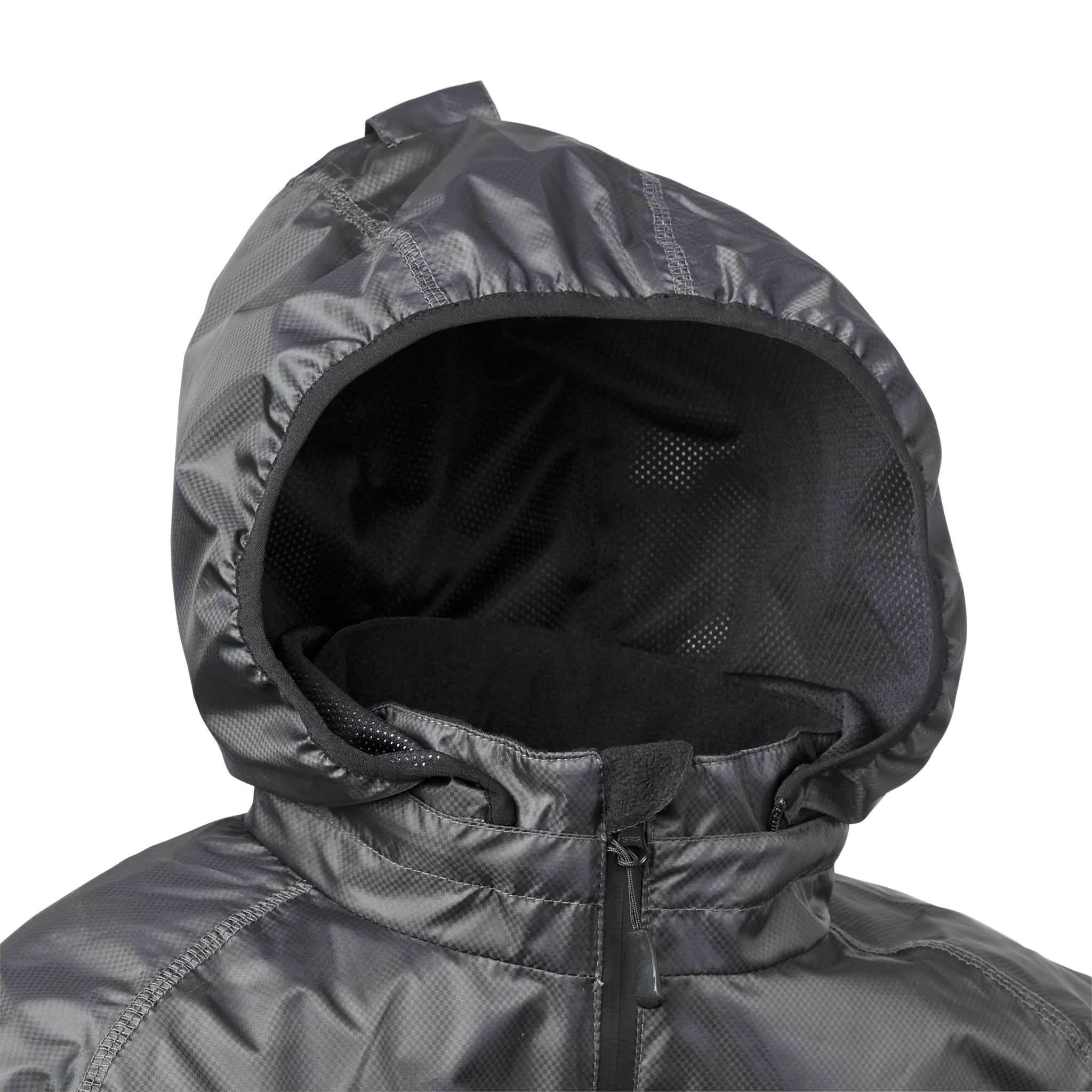 Närbild av grå All-weather jacket Monaco v24 huva med svart meshfoder, Match & Training wear