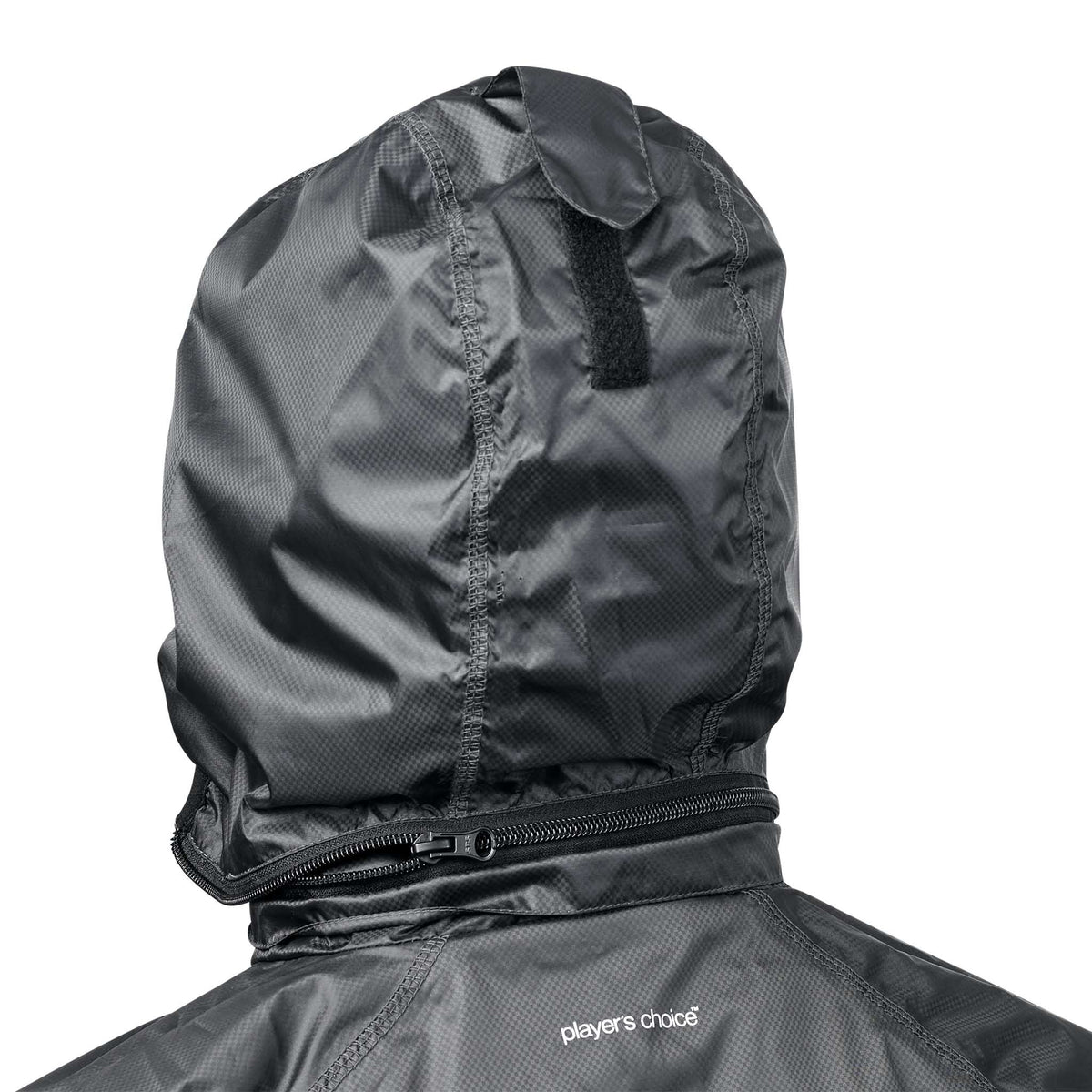 Nærbillede af grå All-weather jacket Monaco v24 hætte og lyndetalje, Match & Training tøj.