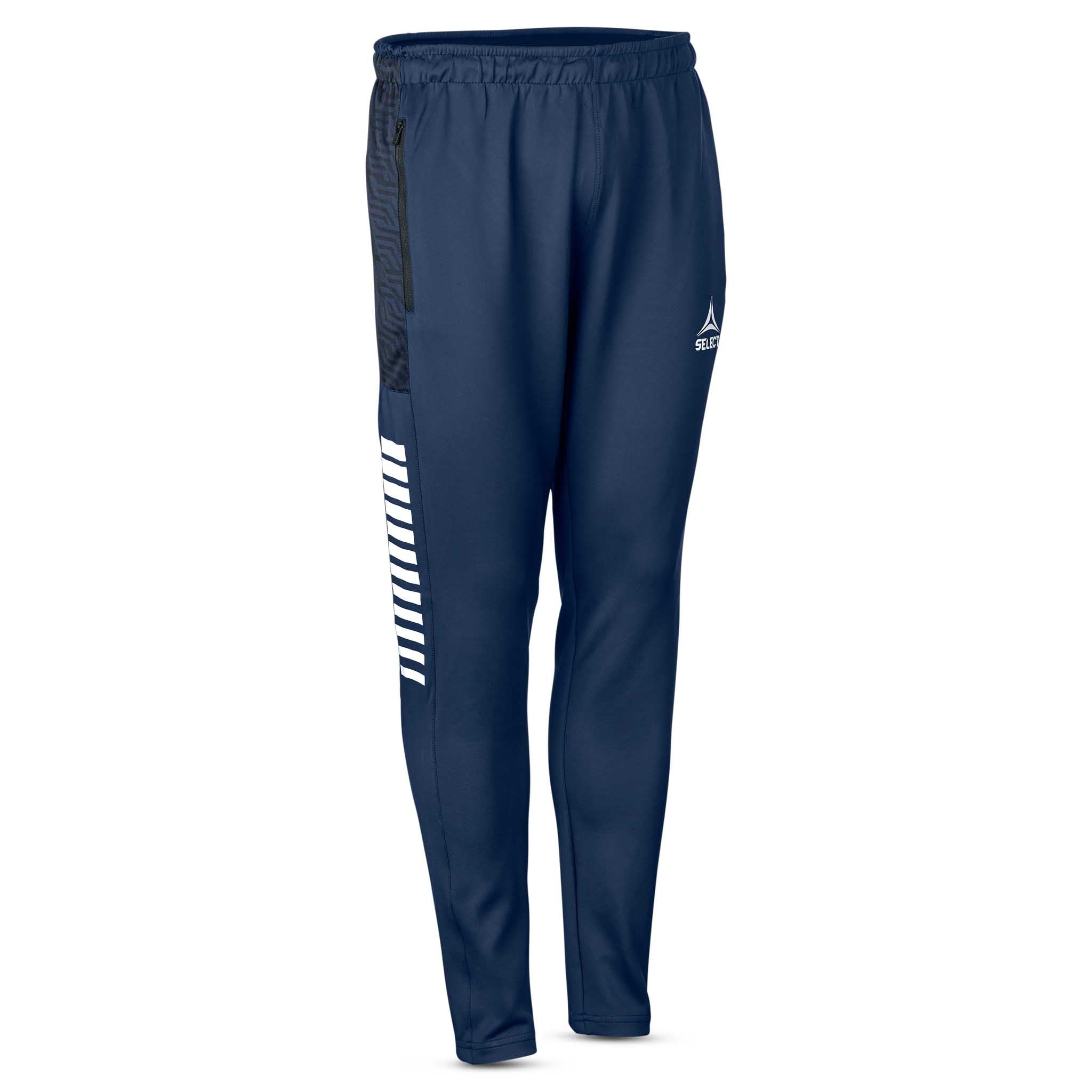Framifrån av marinblå Training pants Regular Fit Monaco v24, match- och träningsklädsel, med vit logga och detaljer.