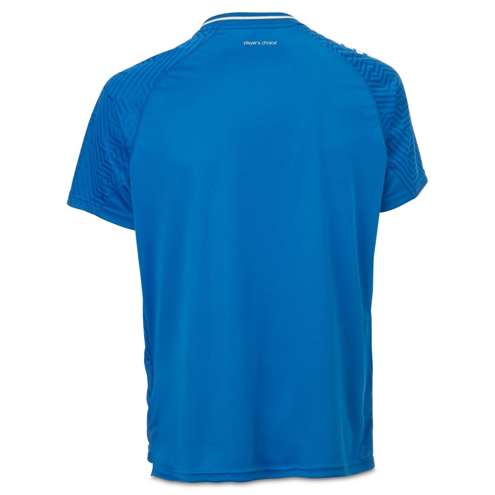 Baksida av blå Player shirt S/S Monaco v24, fotboll Match & Training wear med strukturerade axlar.