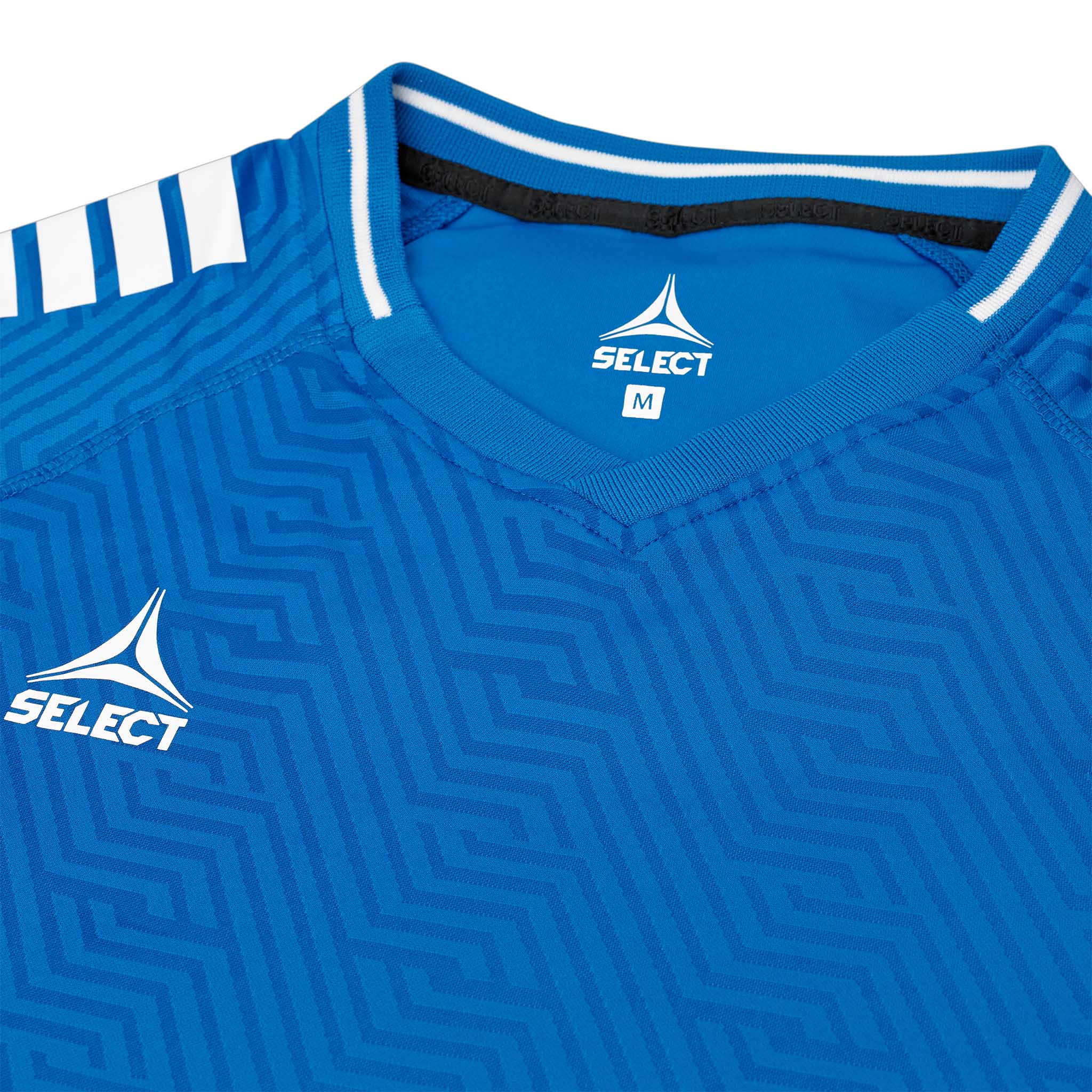 Närbild av Player shirt S/S Monaco v24, Match & Training kläder, i blått med vit V-ringad fotbollströja