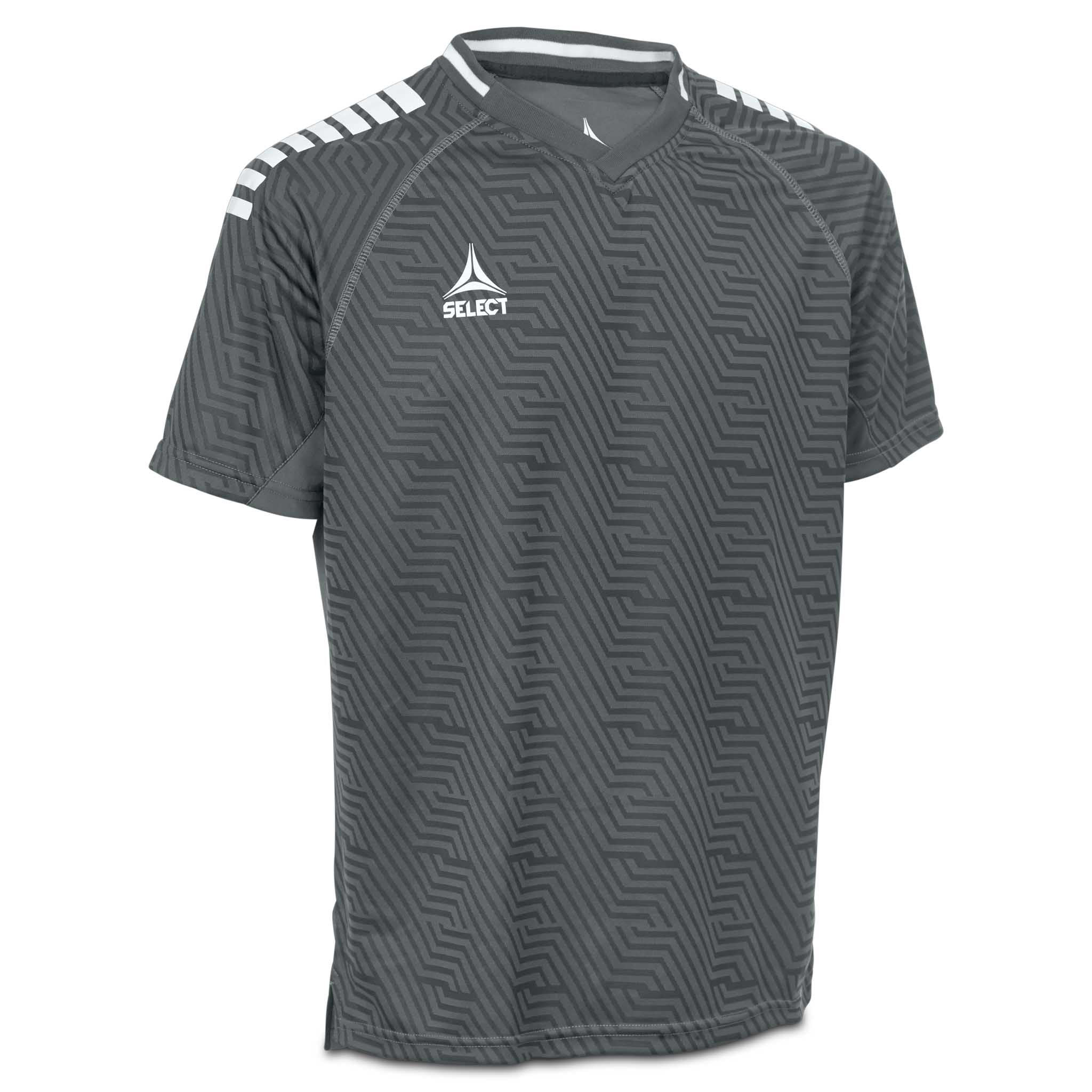 Framifrån av grå och vit Player shirt S/S Monaco v24, fotboll match- och träningskläder med geometriskt mönster.