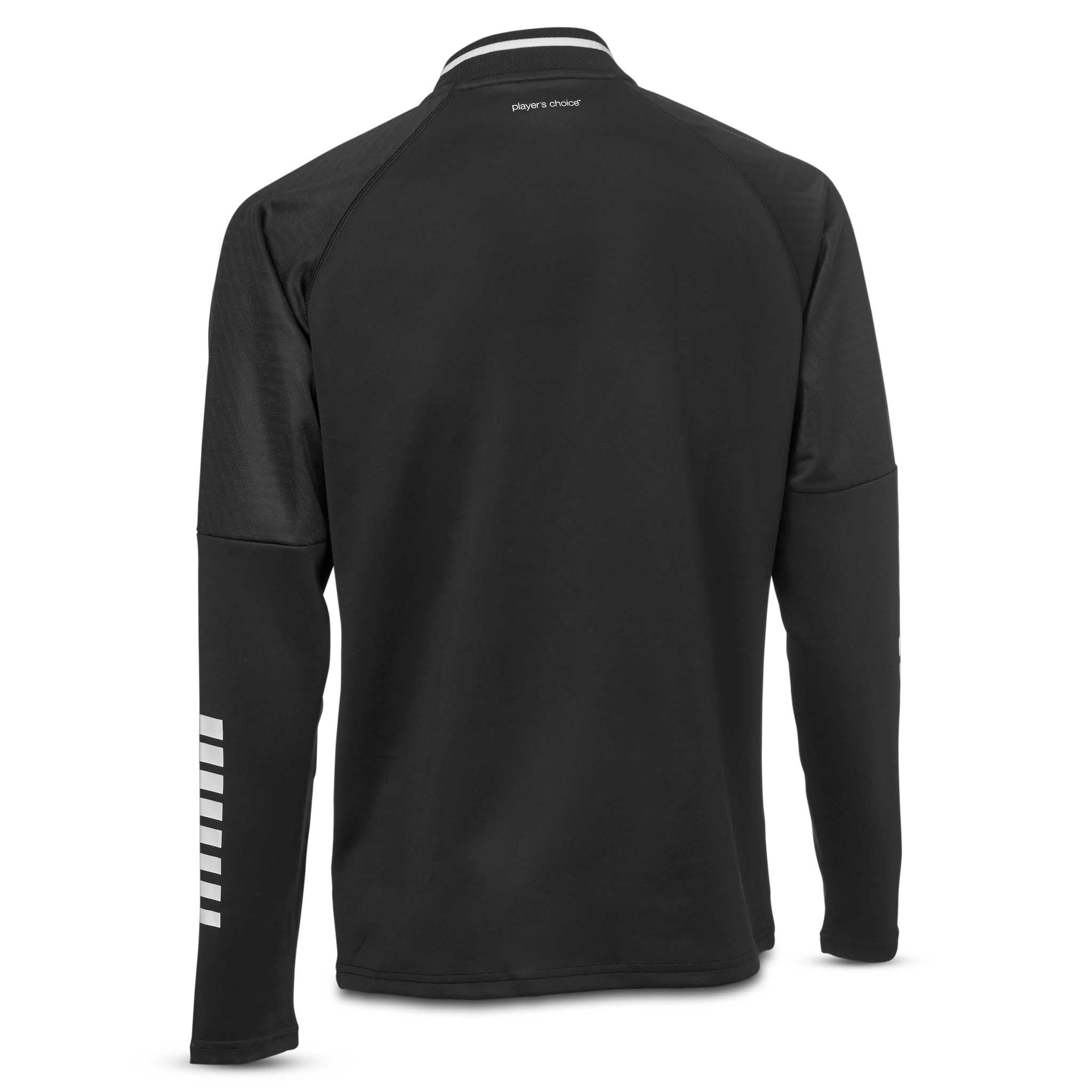 Baksida av svart Zip jacket Monaco v24, Match & Training wear, med vita ränder på ärmen för fotboll.