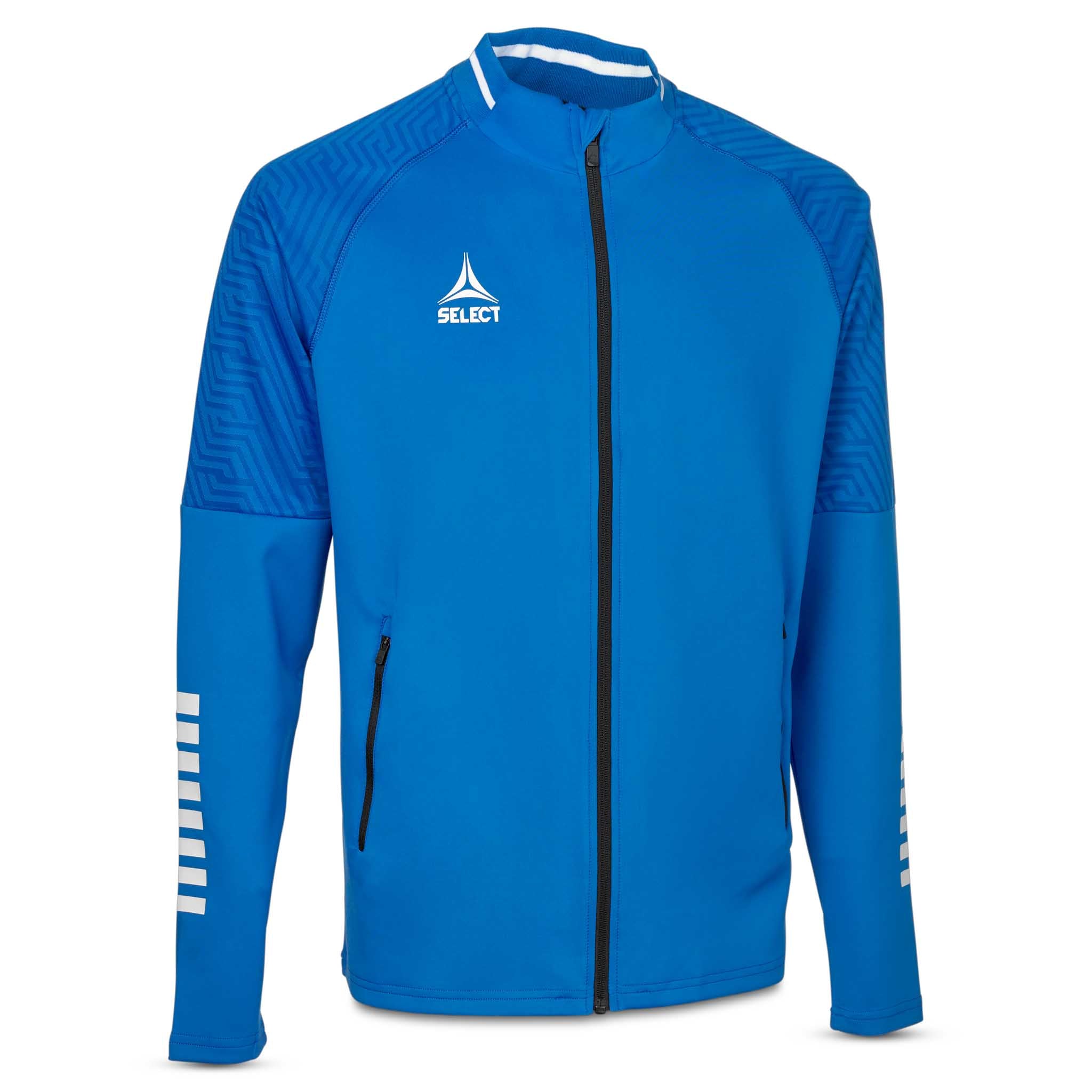 Framifrån av blå och vit Zip jacket Monaco v24, fotboll Match & Training wear
