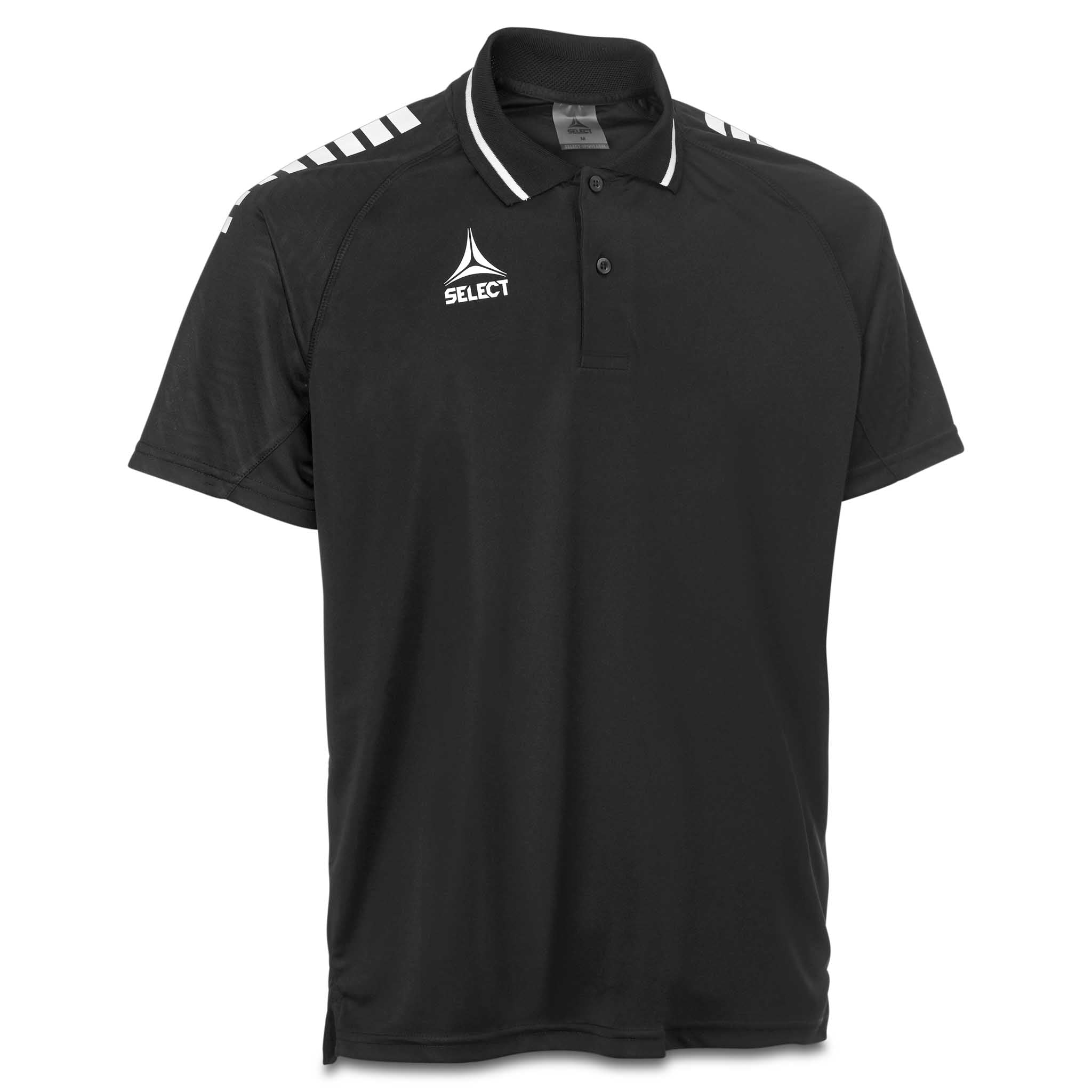 Framifrån av svart och vit Technical Polo Monaco v24 fotboll fritidskläder med krage och knappar.