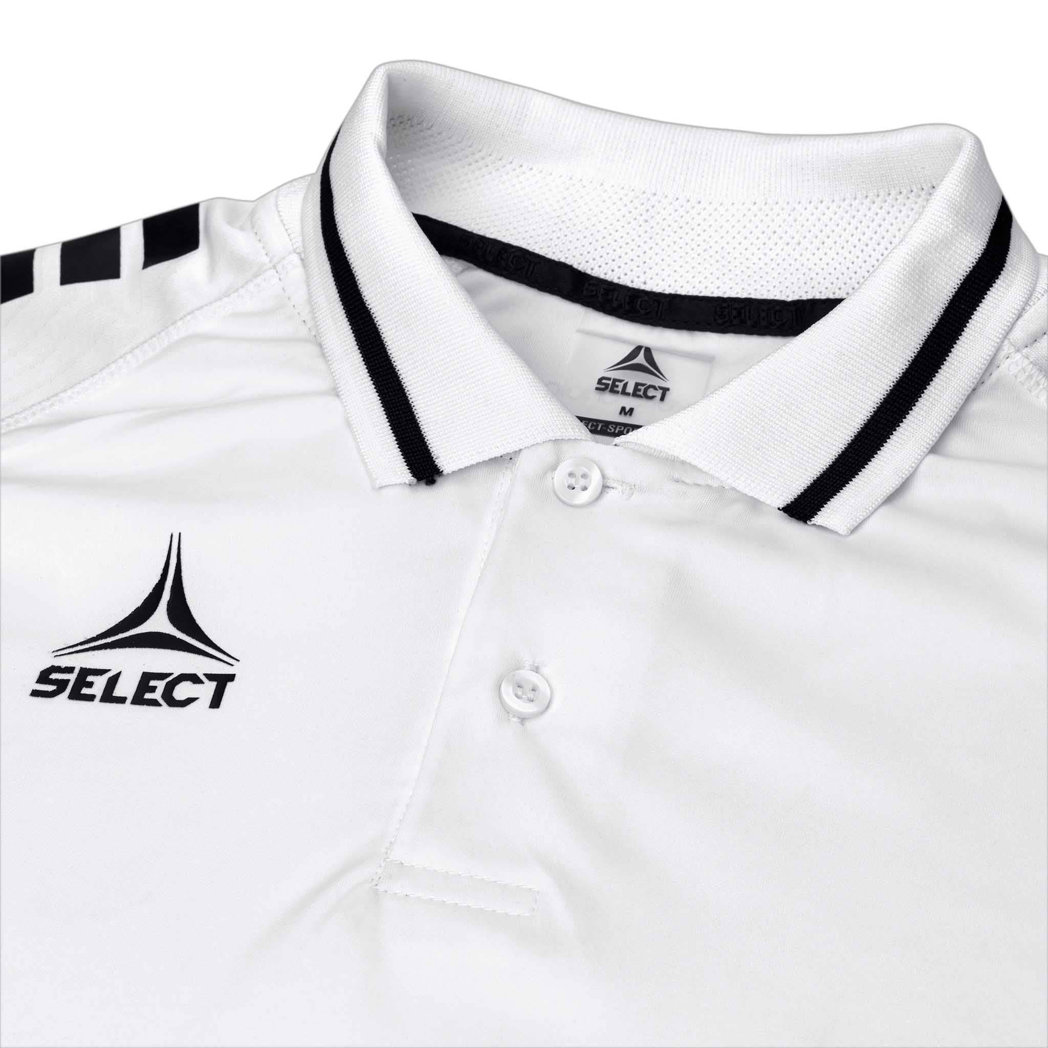 Närbild av vit Technical Polo Monaco v24 fritidsklädsel med svart kragkant och Select-logga.