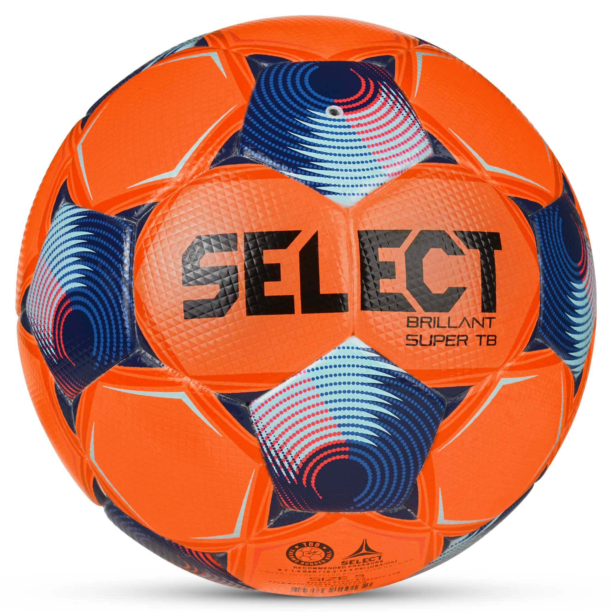 FB Brillant Super TB v25 fotboll, baksida, orange med blå och rosa paneler.