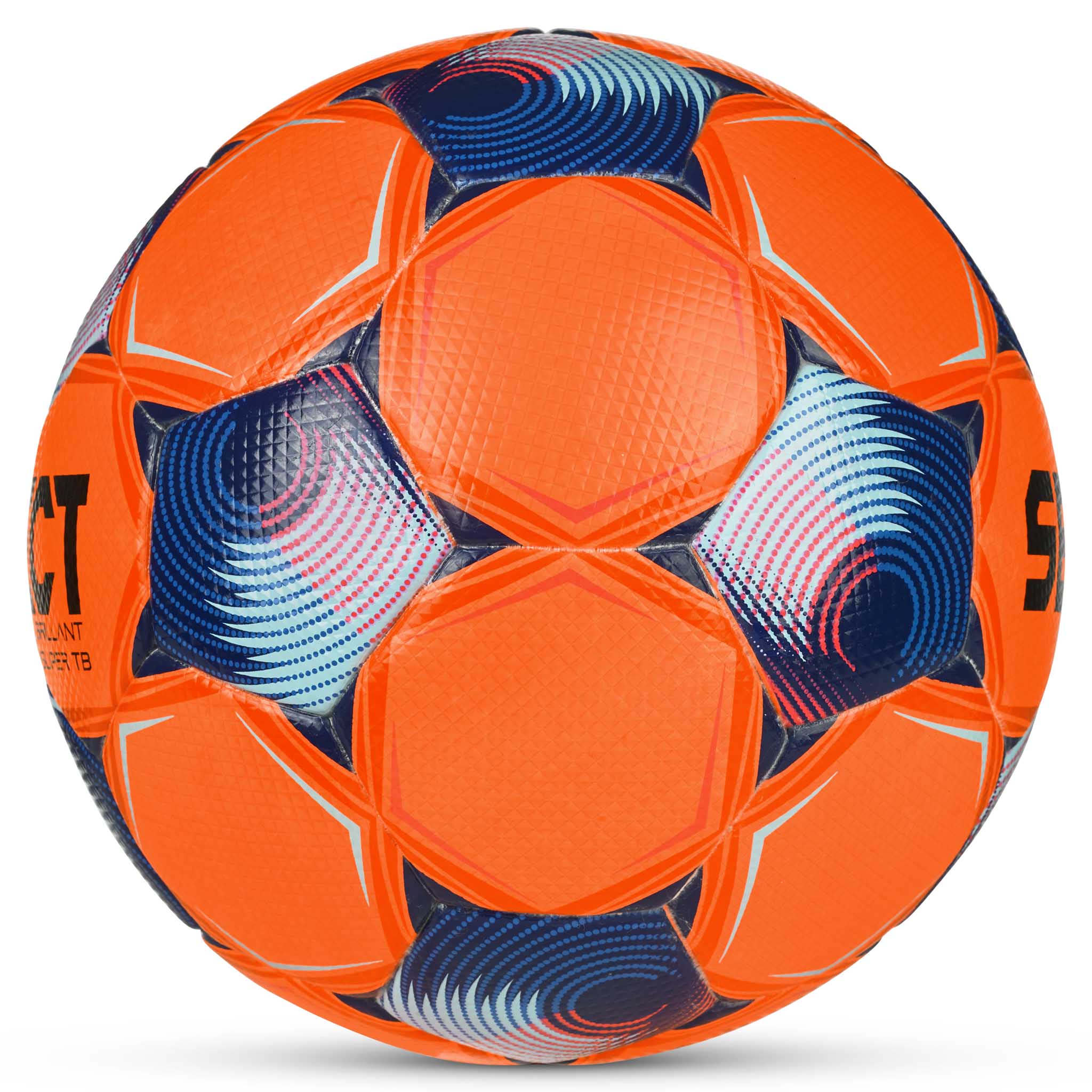 FB Brillant Super TB v25 fotboll i orange med blå och rosa panelaccenter, sedd från höger sida.