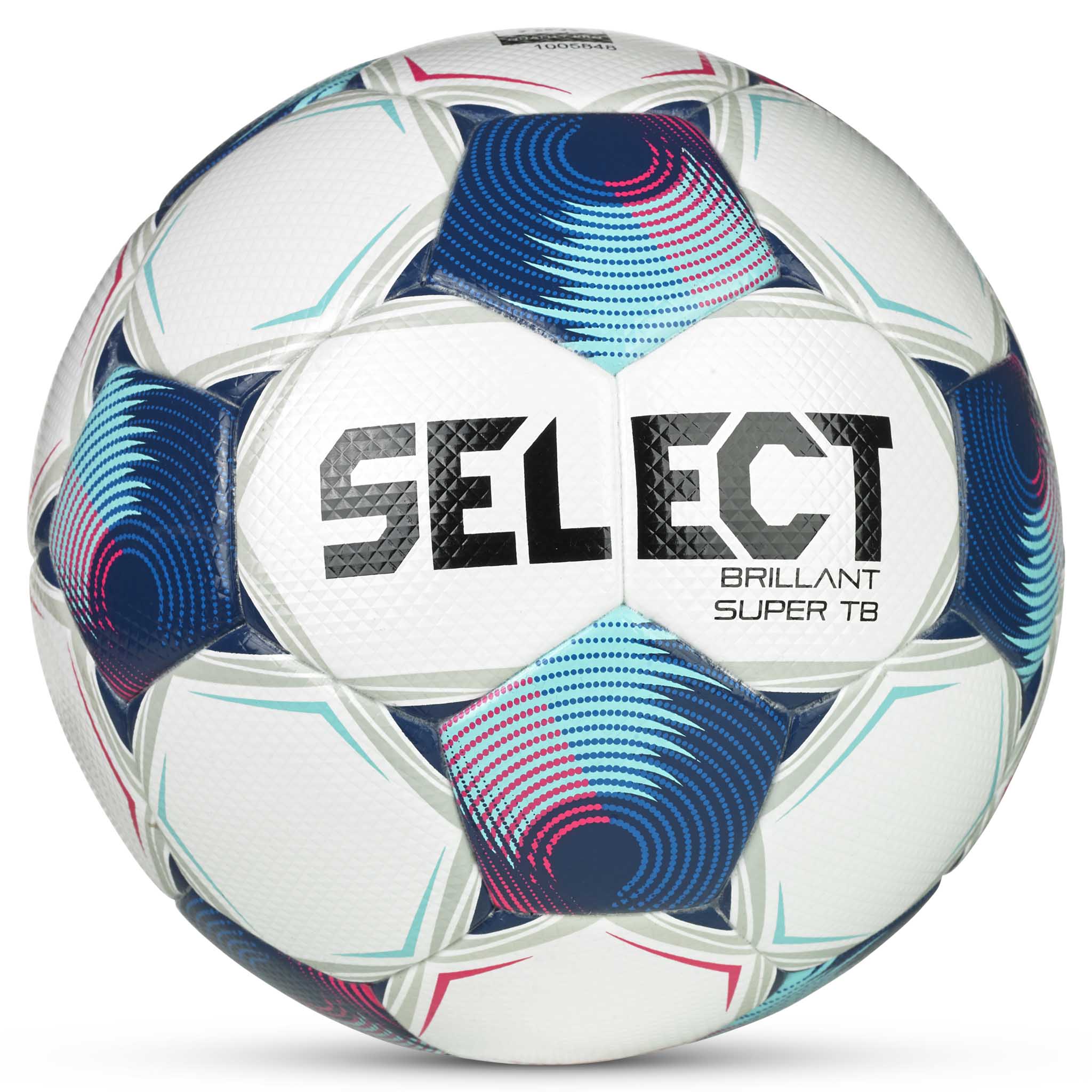 Framsida av FB Brillant Super TB v25 fotboll i vitt, blått, rosa och svart.
