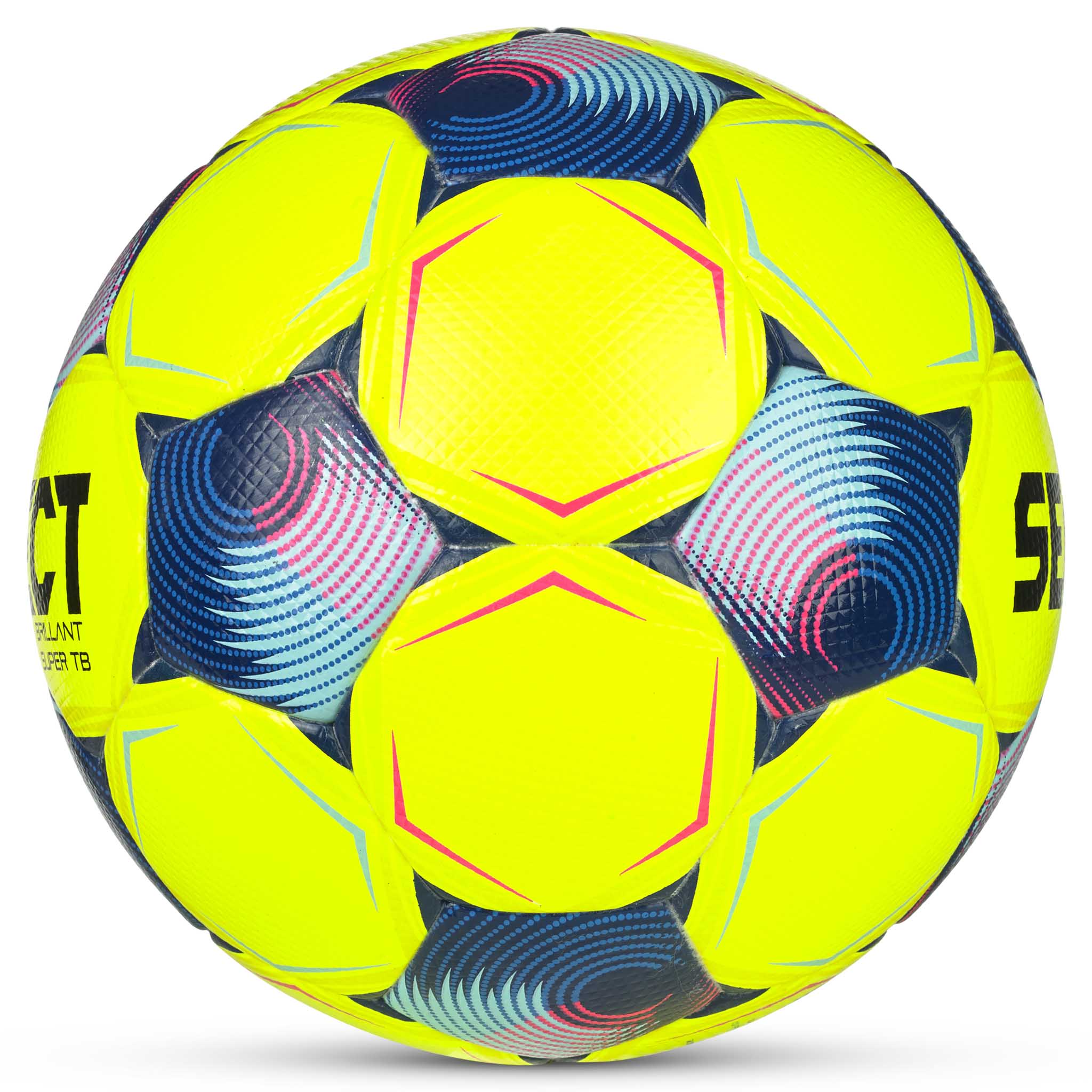 Högersidovy av FB Brillant Super TB v25 fotboll i gult med blå, rosa och vita stjärnmönsterdetaljer.