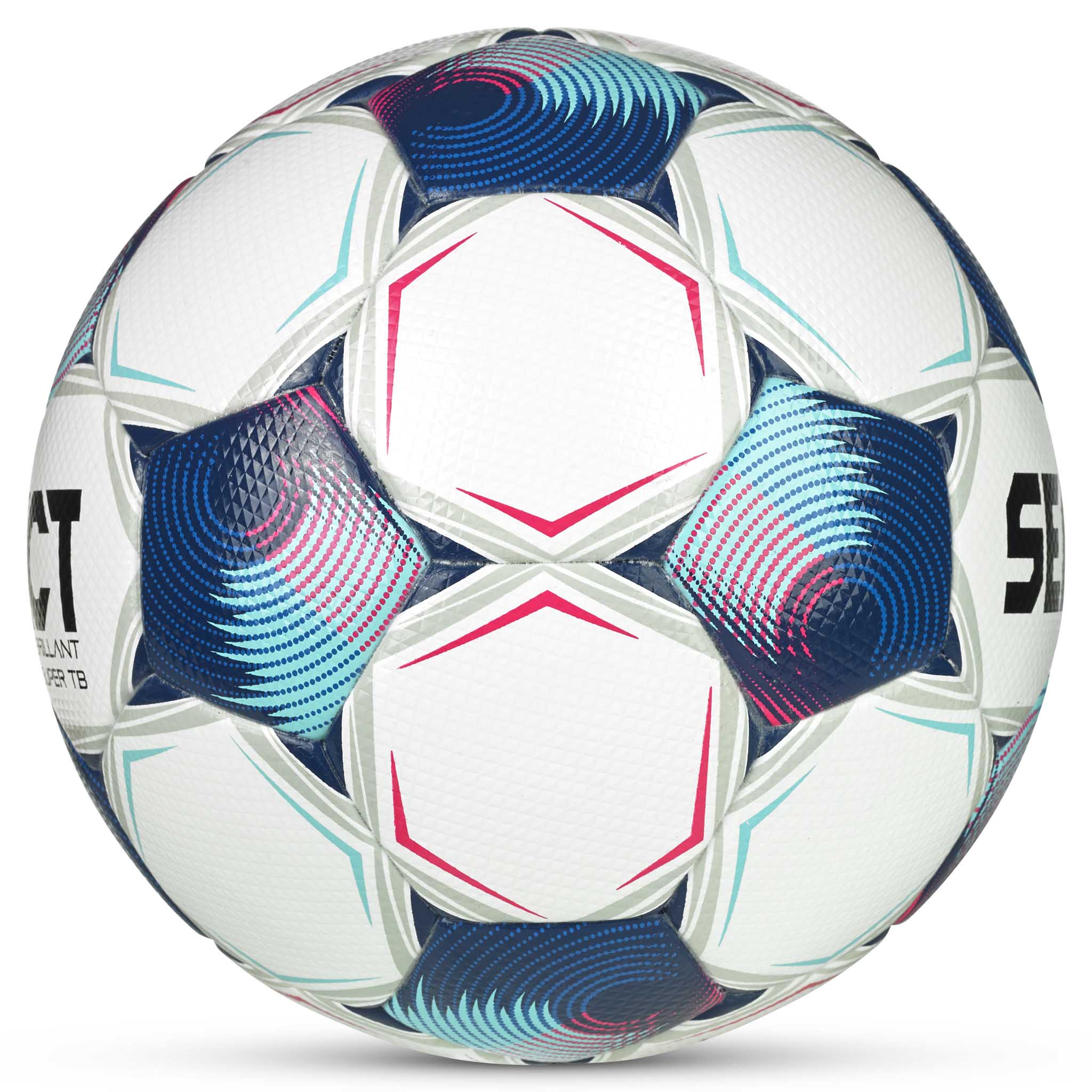 Brillant Super TB v25 fotboll i vitt, blått och rosa, sedd från höger sida