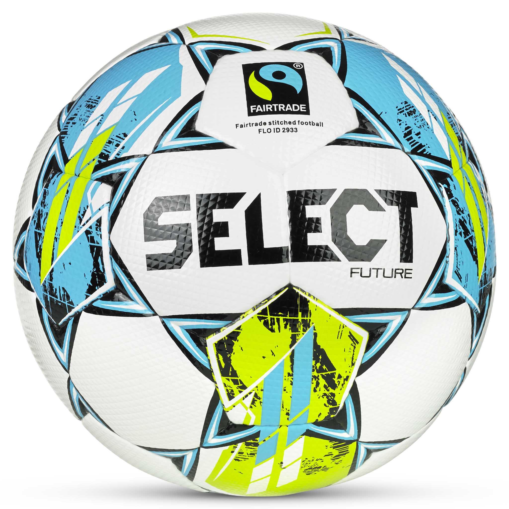 Forside af Select Future v25 fodbold i hvid med blå, grønne og sorte detaljer og Fairtrade-mærke.