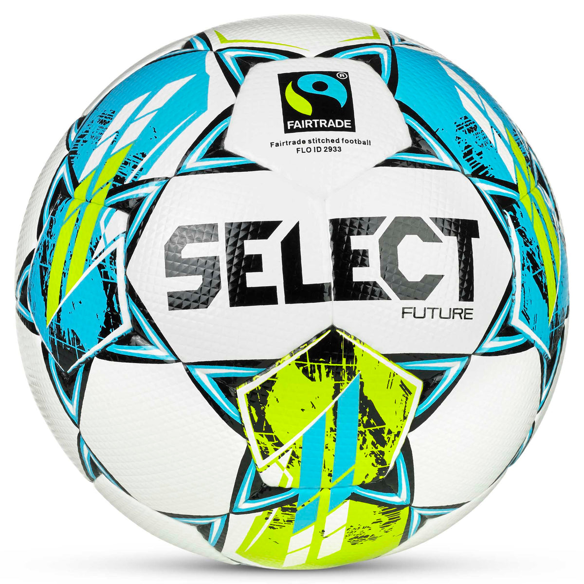 Forside af Select Future v25 fodbold i hvid med blå, grønne og sorte detaljer og Fairtrade-mærke.