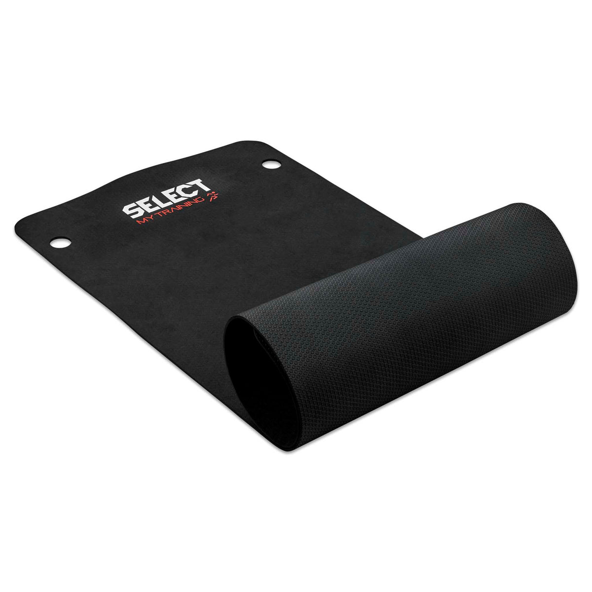 Sort Select Trainingmat, delvist rullet sammen, vist forfra med hvidt logo.