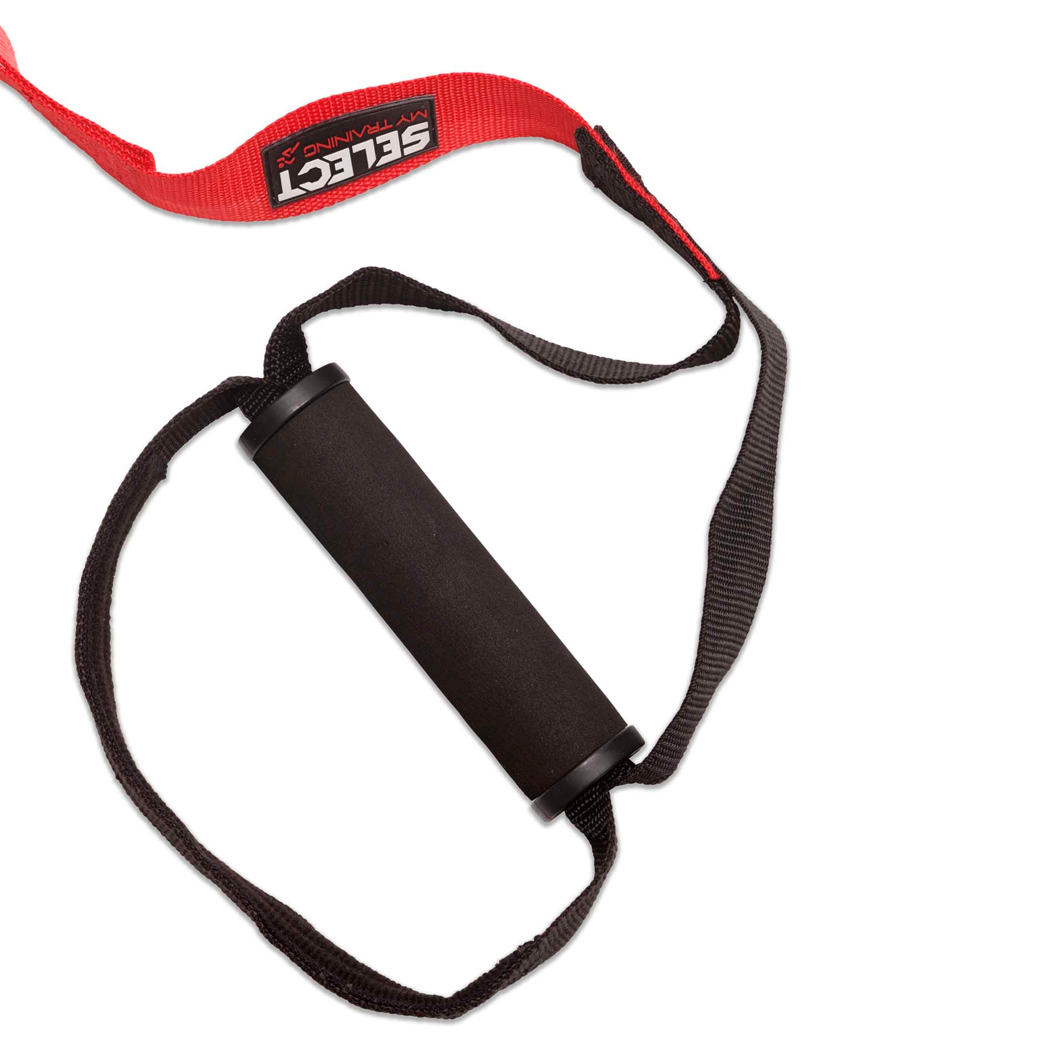 Närbild av svart Slingtrainer med skumgrepp och rött band med vit text.