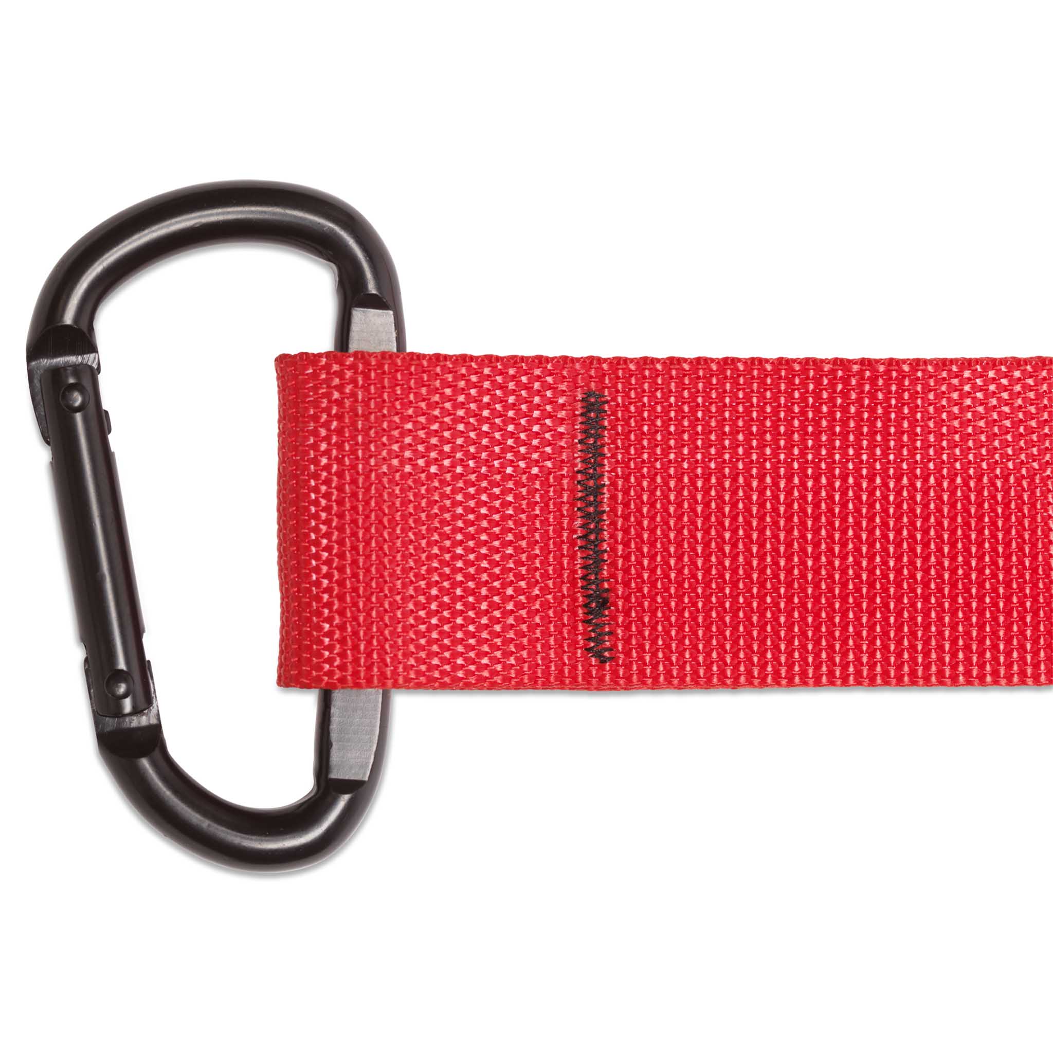 Närbild av röd Slingtrainer-rem med svart karbinhake.