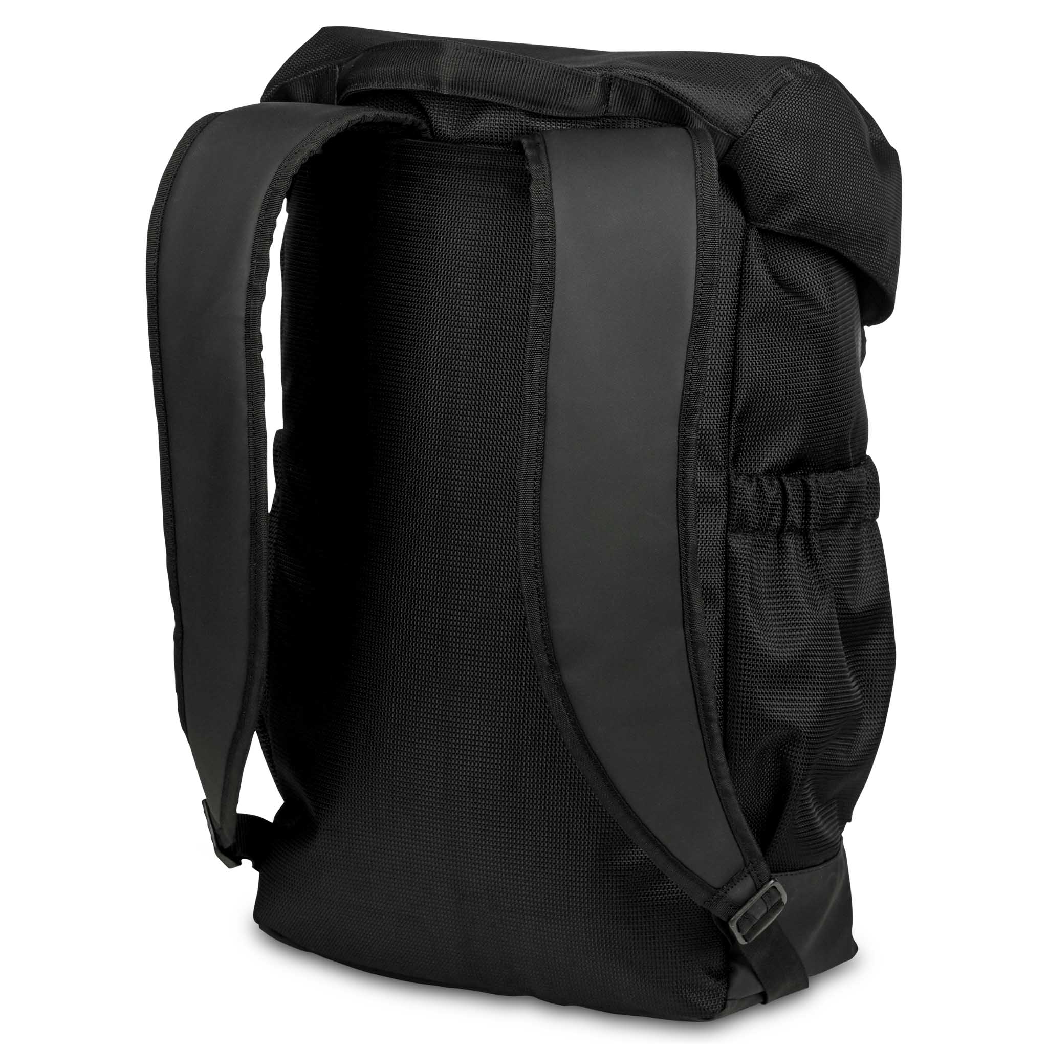 Svart Backpack v25 sportväska, baksida med vadderade remmar och ryggpanel.