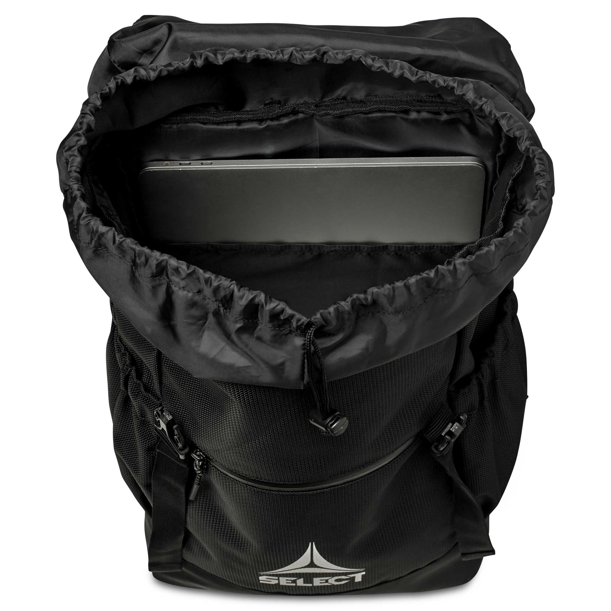 Svart Backpack v25 sportväska, närbild av öppen topp med vadderat laptopfack inuti.