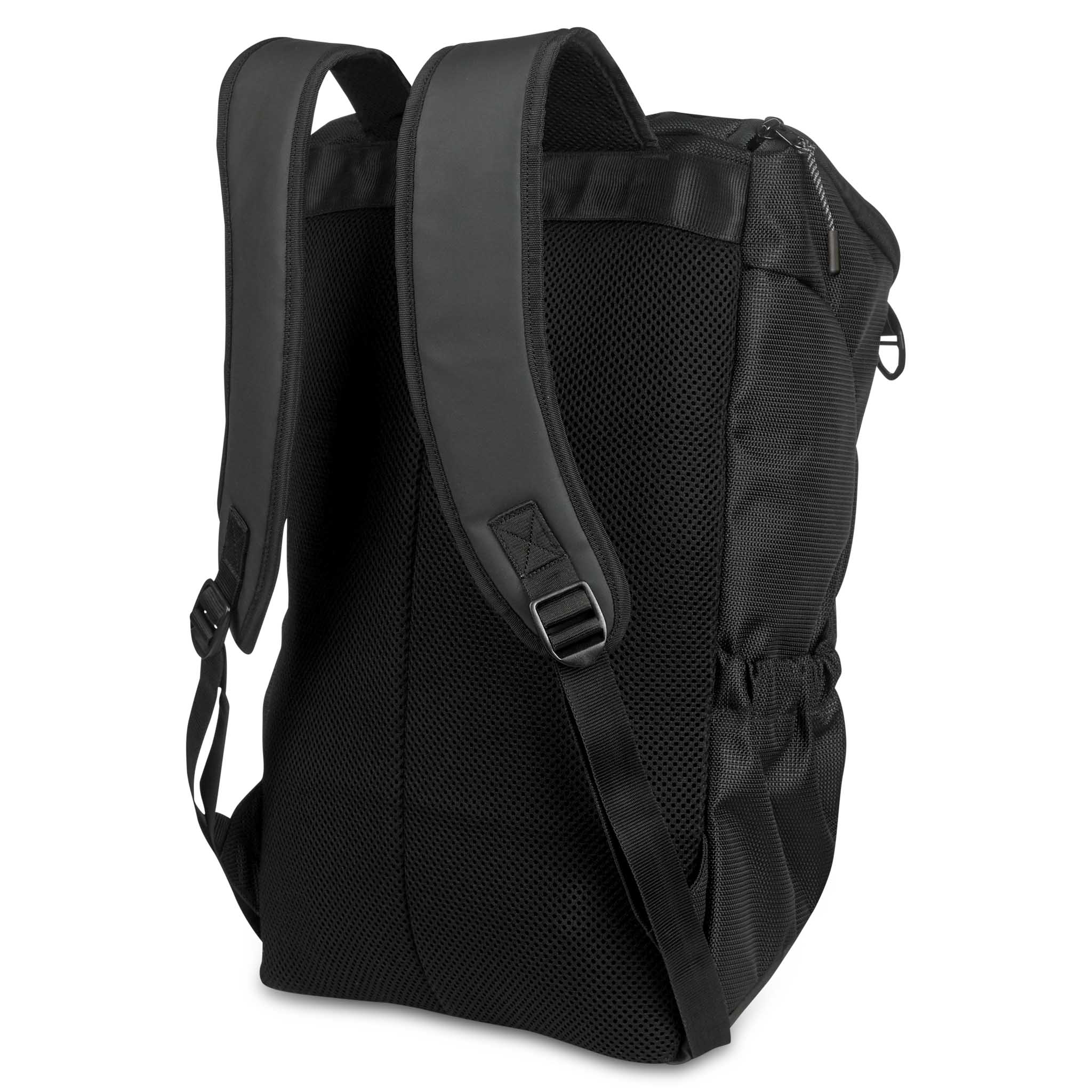 Baksida av svart Backpack Net v25 sportväska med vadderade band och meshrygg för fotboll.