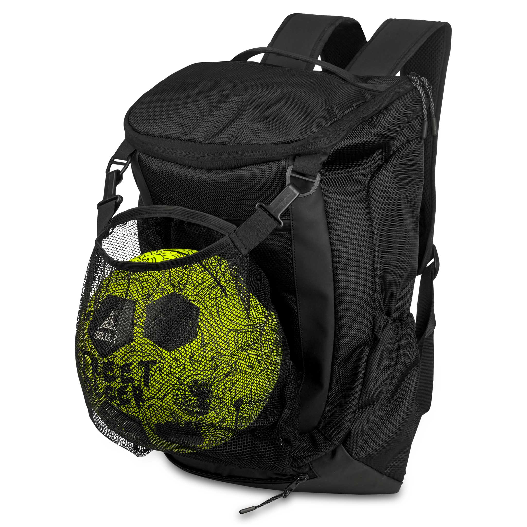 Framifrån av svart Backpack Net v25 sportväska med nätficka som håller en gul och svart fotboll.