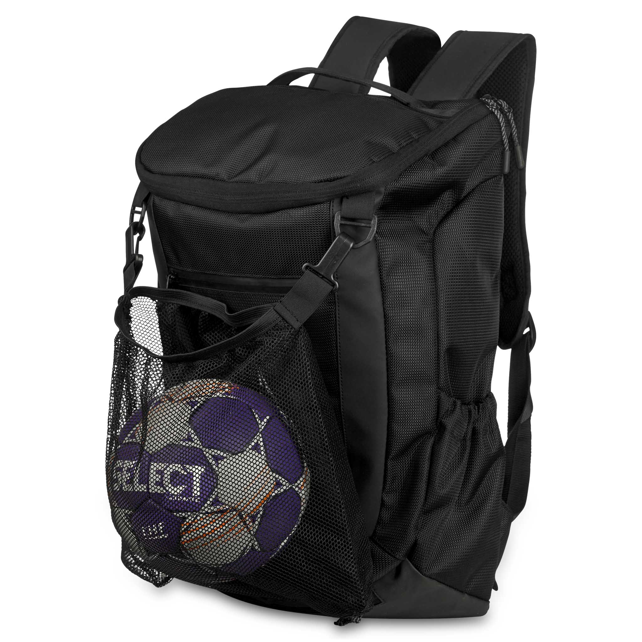 Svart Backpack Net v25 fotbollsväska, framifrån med nätsidficka och lila boll.