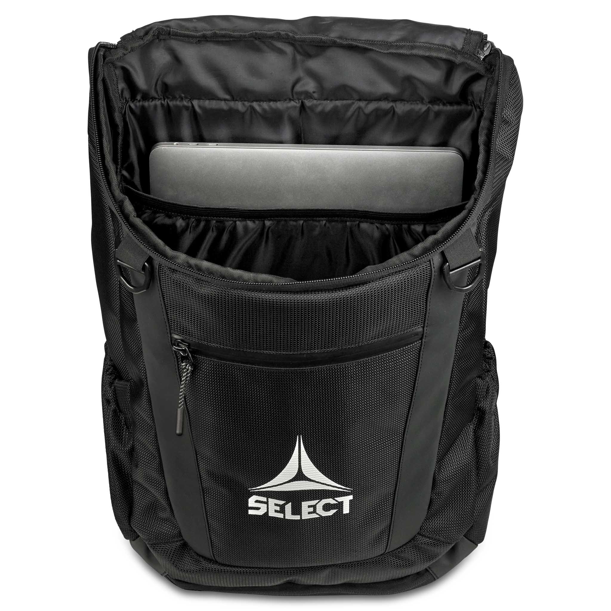 Svart Backpack Net v25 fotboll sportväska, öppen ovanifrån med vadderat laptopfack och vit Select-logga.