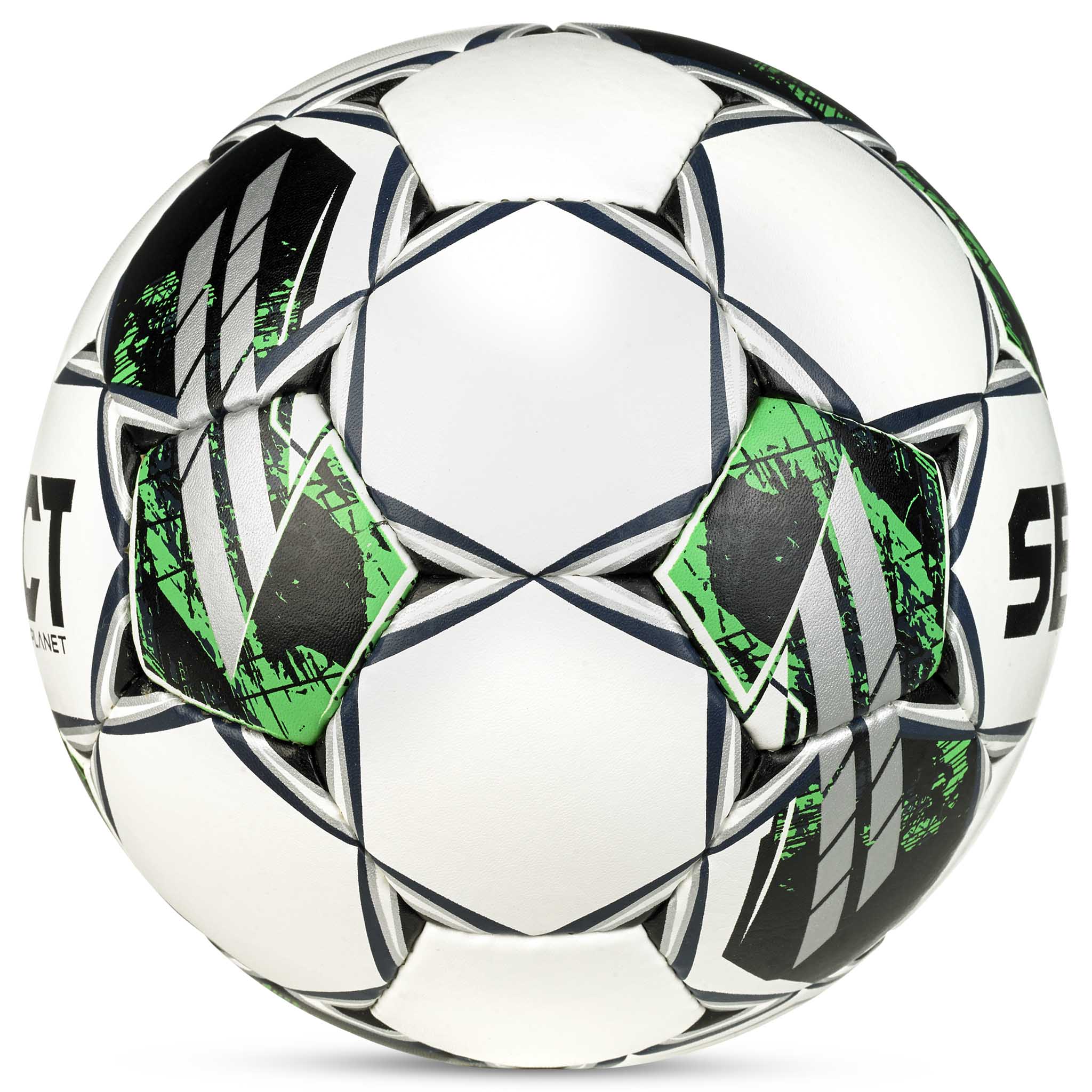 Planet v23 fotboll, höger sida. Vit boll med svart, grönt och grått stjärnmönster.